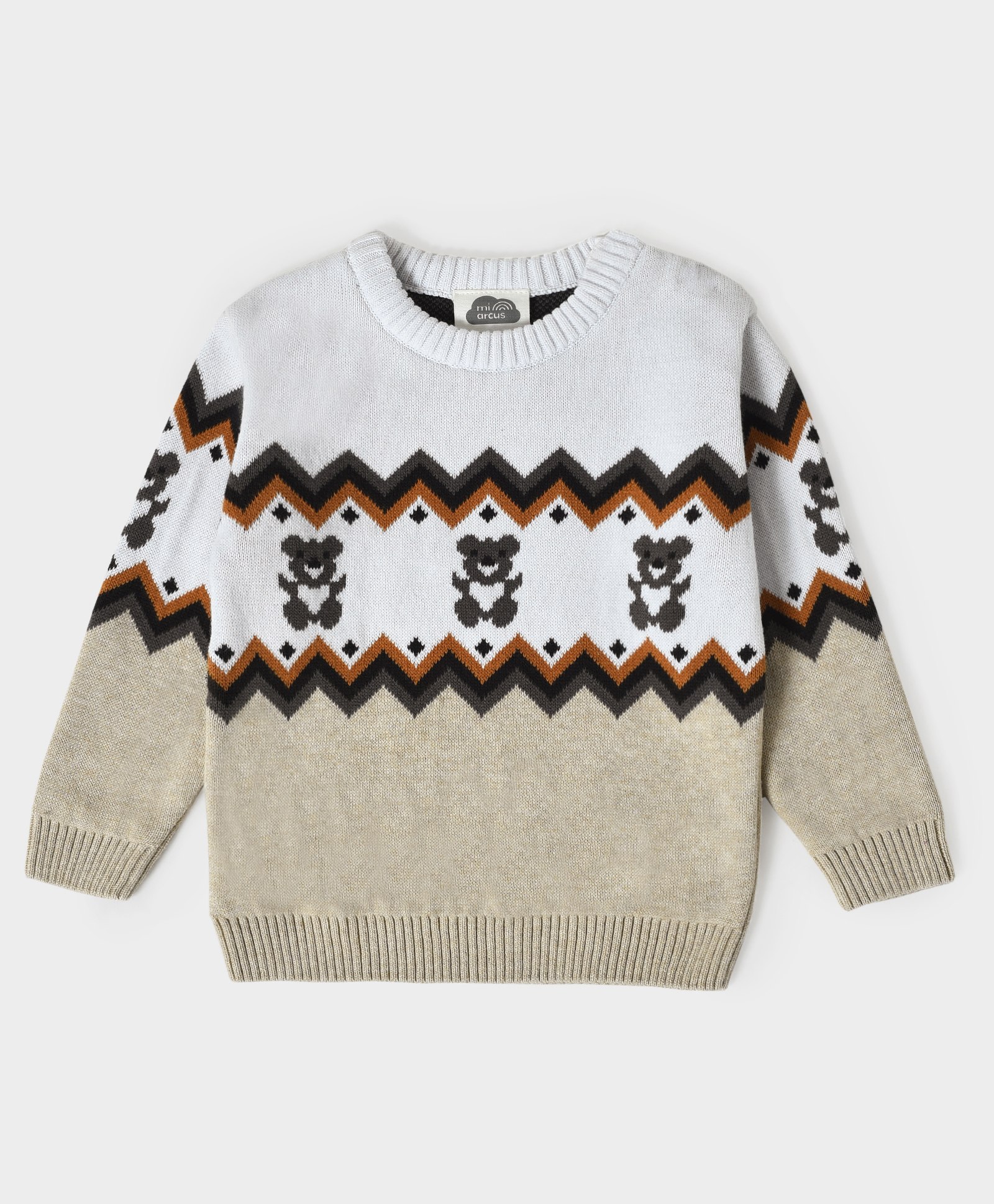 Mi Arcus Full Sleeves Zig Zag Pattern & Teddy Bear Designed Colour Blocked Cotton Sweater - White-image-1