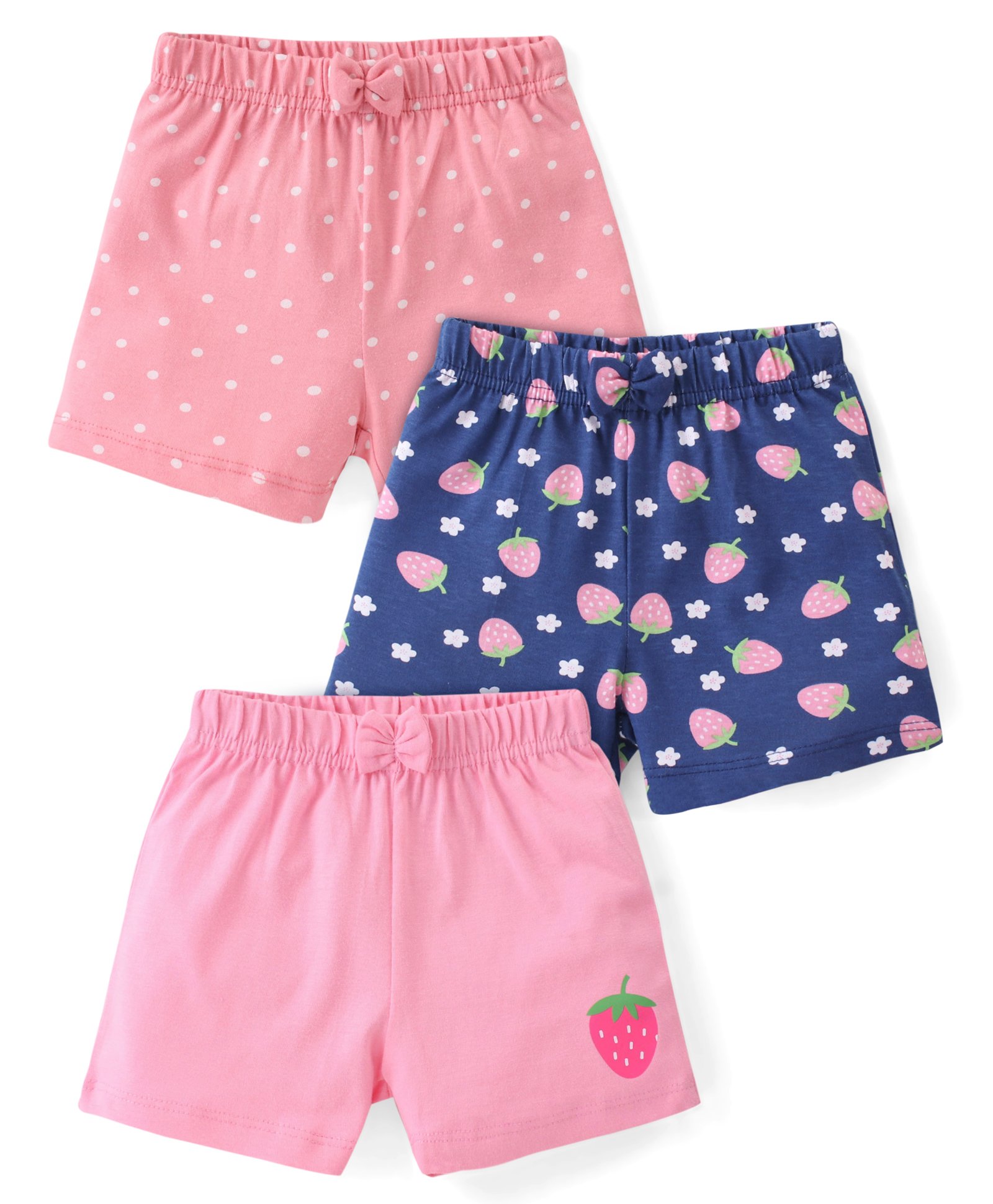 Babyhug Cotton Knit Shorts With Strawberry Print & Bow Applique Pack of 3 - Multicolor-picture-19