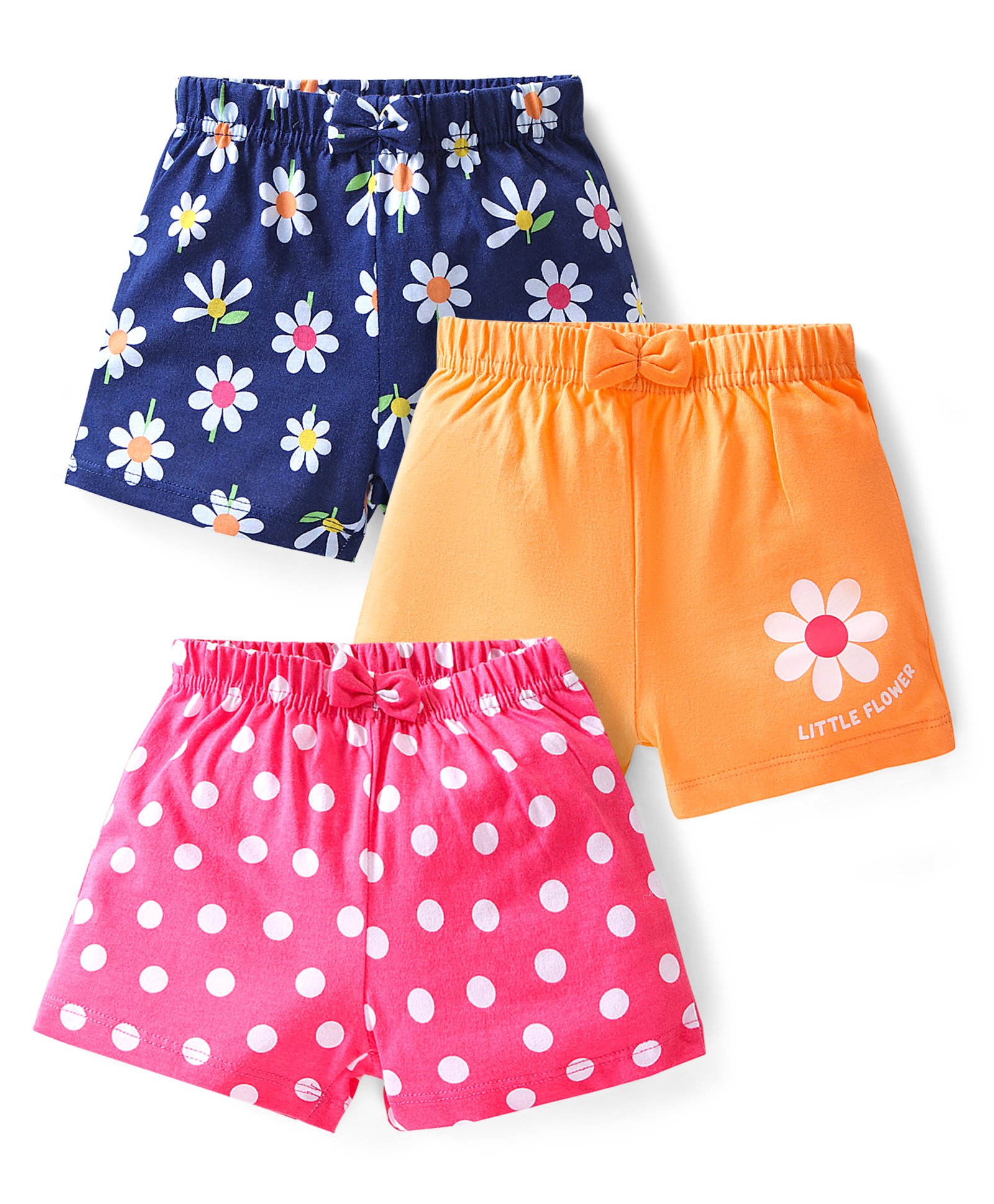 Babyhug Cotton Knit Shorts with Floral & Polka Dot Print Bow Applique  Pack of 3 -  Multicolour-picture-23
