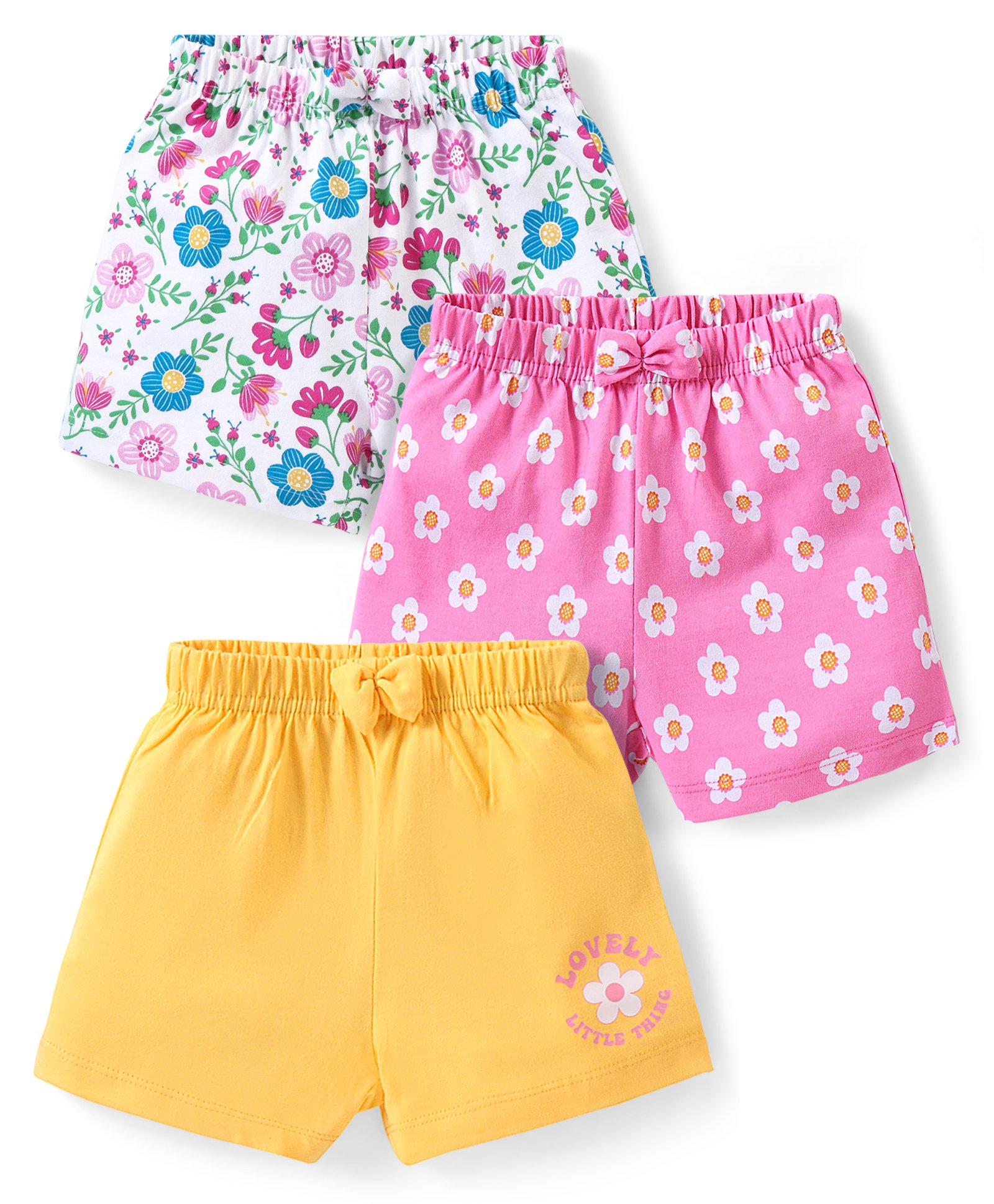 Babyhug Cotton Knit Shorts with Floral Print Bow Applique  Pack of 3 - Multicolour-image-0