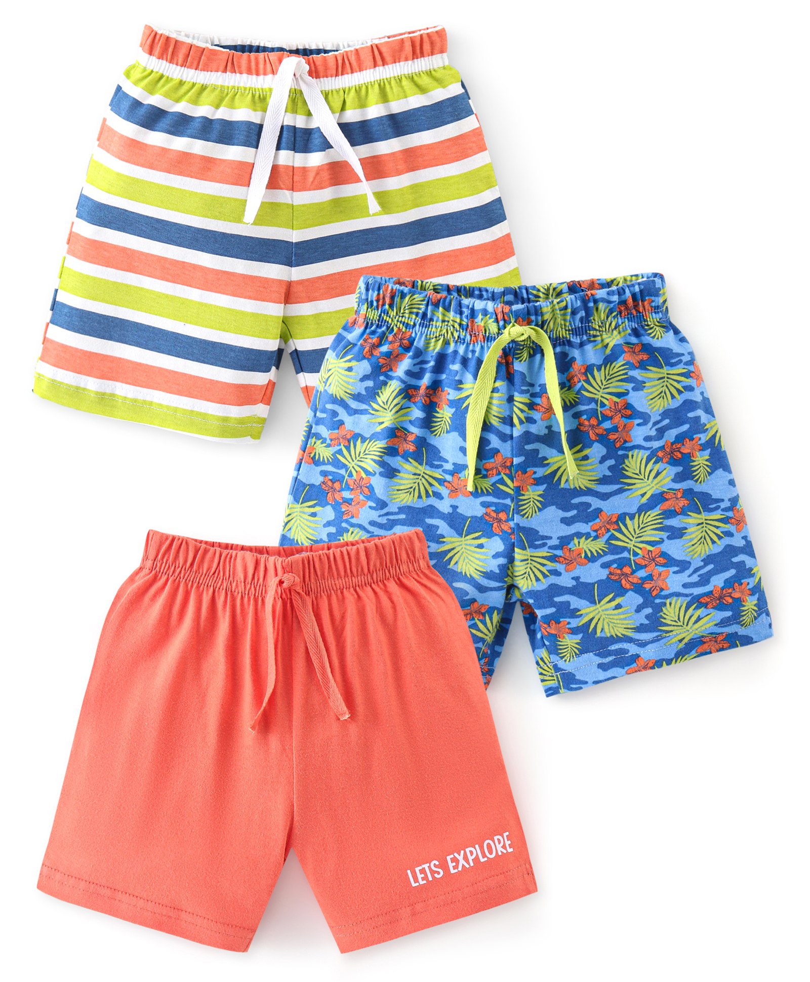 Babyhug Cotton Knit Knee Length Striped Shorts Tropical Camo Print Pack of 3 - Multicolour-image-36