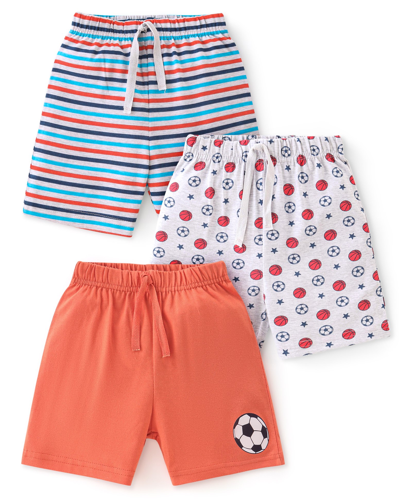 Babyhug Cotton Knit Shorts Football Print Pack of 3 - Orange and White-picture-20