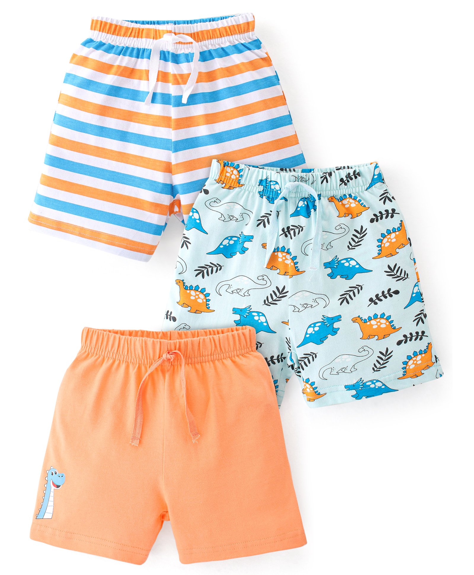 Babyhug Cotton Single Jersey Knit Shorts Stripes & Dino Print Pack Of 3 - Blue & Orange-image-20