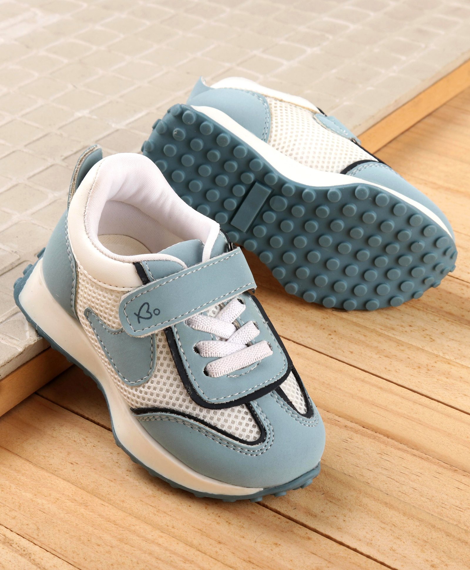 Babyoye Velcro Closure Sneakers with Logo Print - Light Blue-picture-27