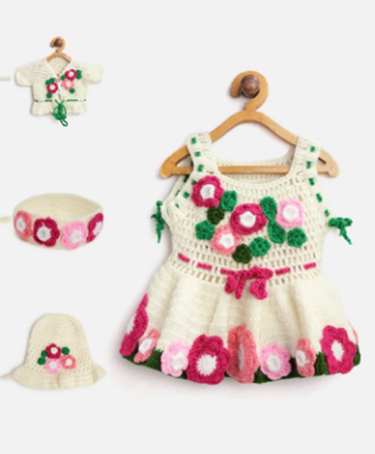 MayRa Knits Sleeveless Floral Applique Designed Hand Knitted Coordinating Woollen Dress Jacket Cap & Headband - Cream-image-15