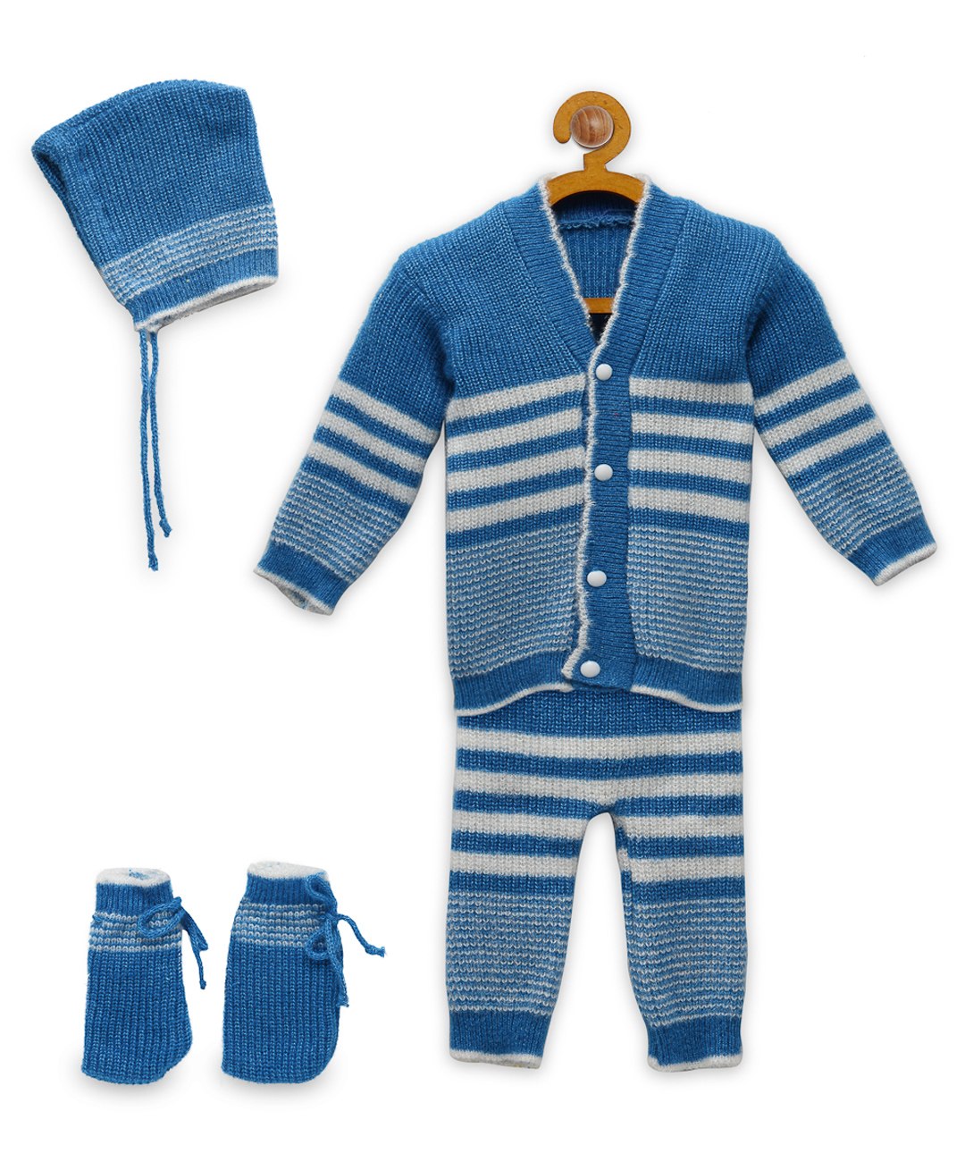 MayRa Knits Full Sleeves Striped Designed Hand Knitted Coordinating Woollen Sweater Pajama Cap & Socks Set - Blue-image-39