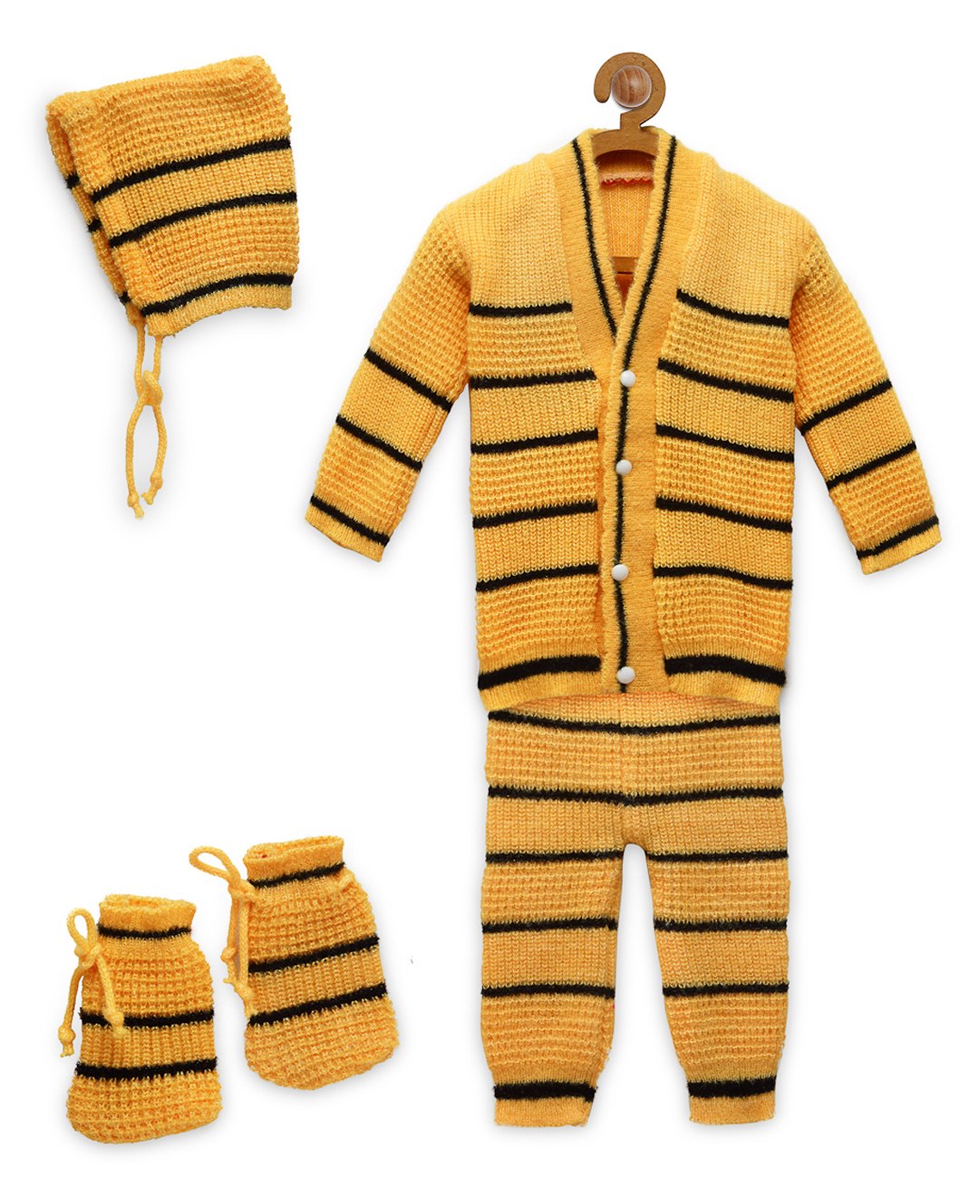 MayRa Knits Full Sleeves Striped Designed Hand Knitted Coordinating Woollen Sweater Pajama Cap & Socks Set - Yellow-image-40