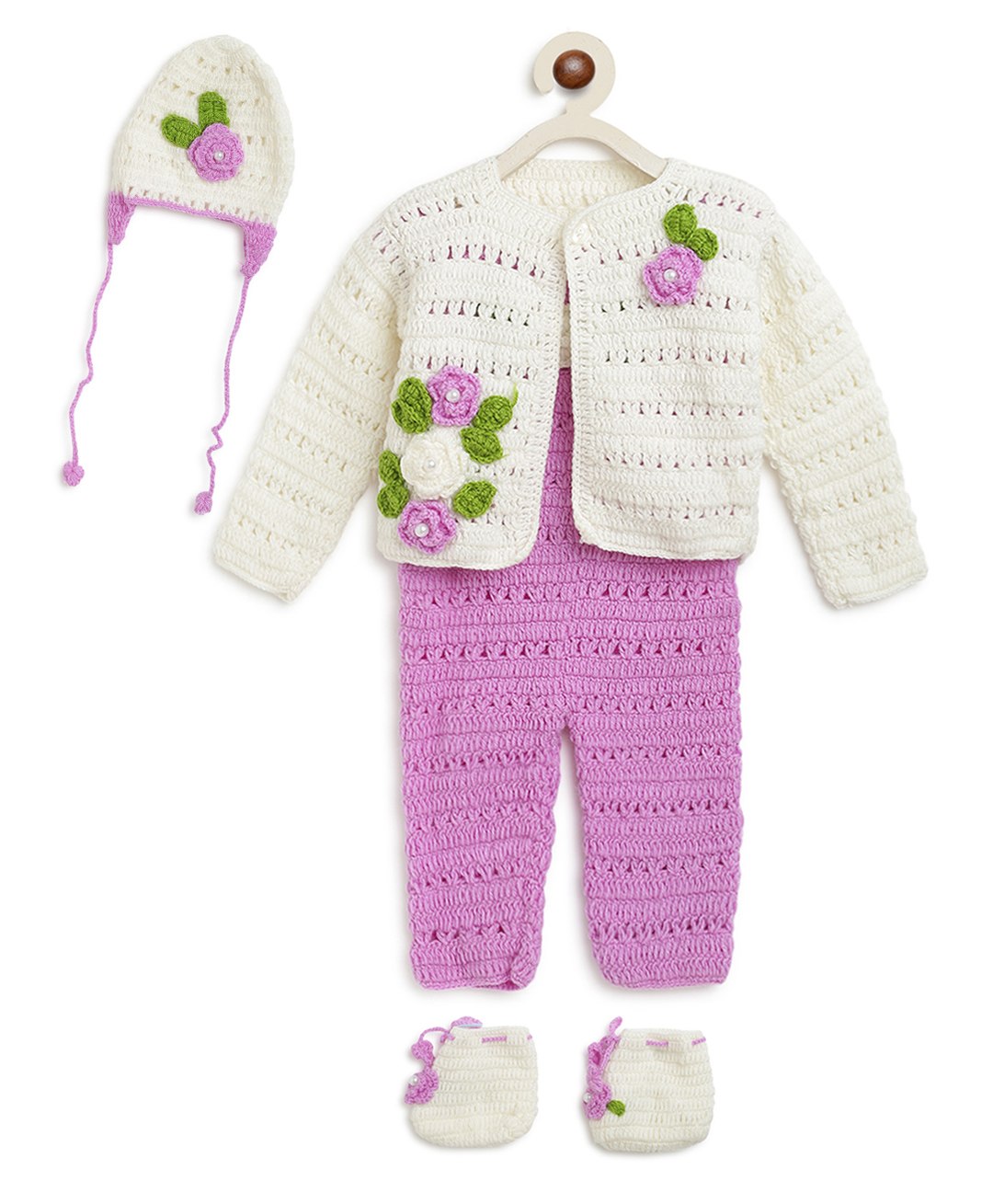 MayRa Knits Full Sleeves Floral Applique & Pearl Embellished Hand Knitted Woollen Jacket With Dungaree Cap & Booties - Purple-image-24