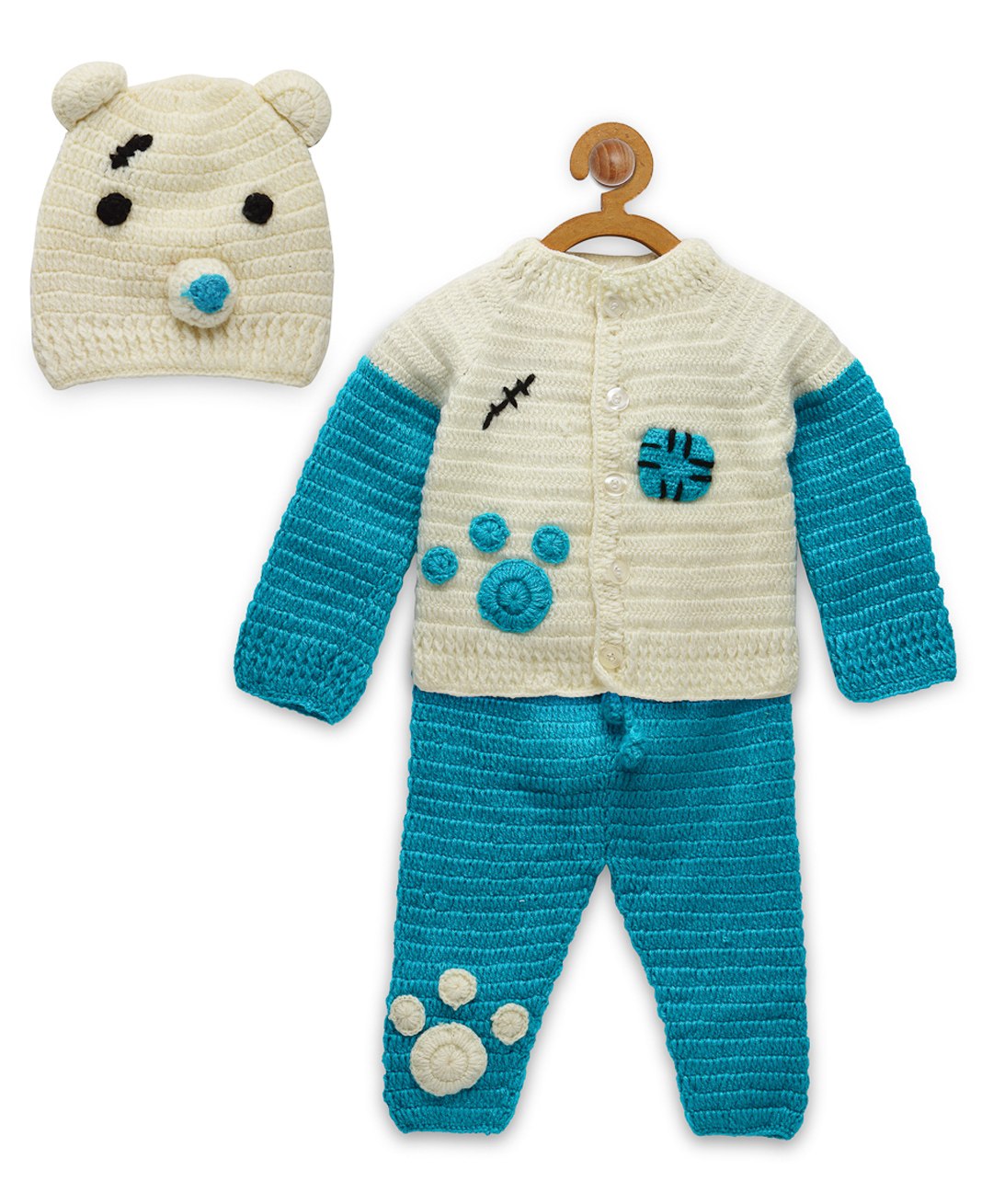 MayRa Knits Hand Knitted Full Sleeves Bear Face & Paw Designed Sweater & Pajama Set - Blue-image-27