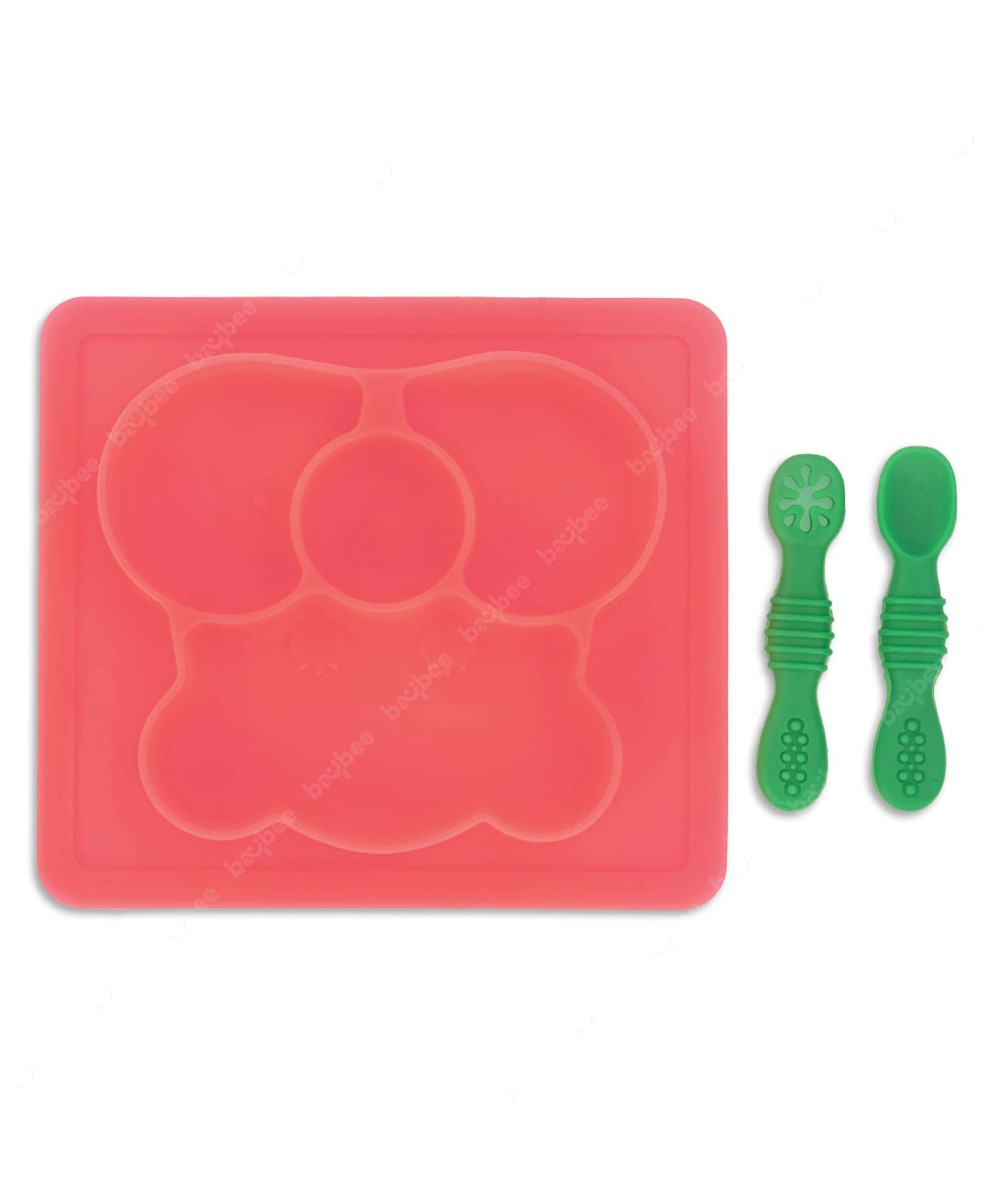 Baybee Divided 100% Silicone Suction Plate for Baby with Spoon and Fork Set for Toddlers - Tableware Feeding Plates & Spoon Set for kids - Square Dark Pink-image-36