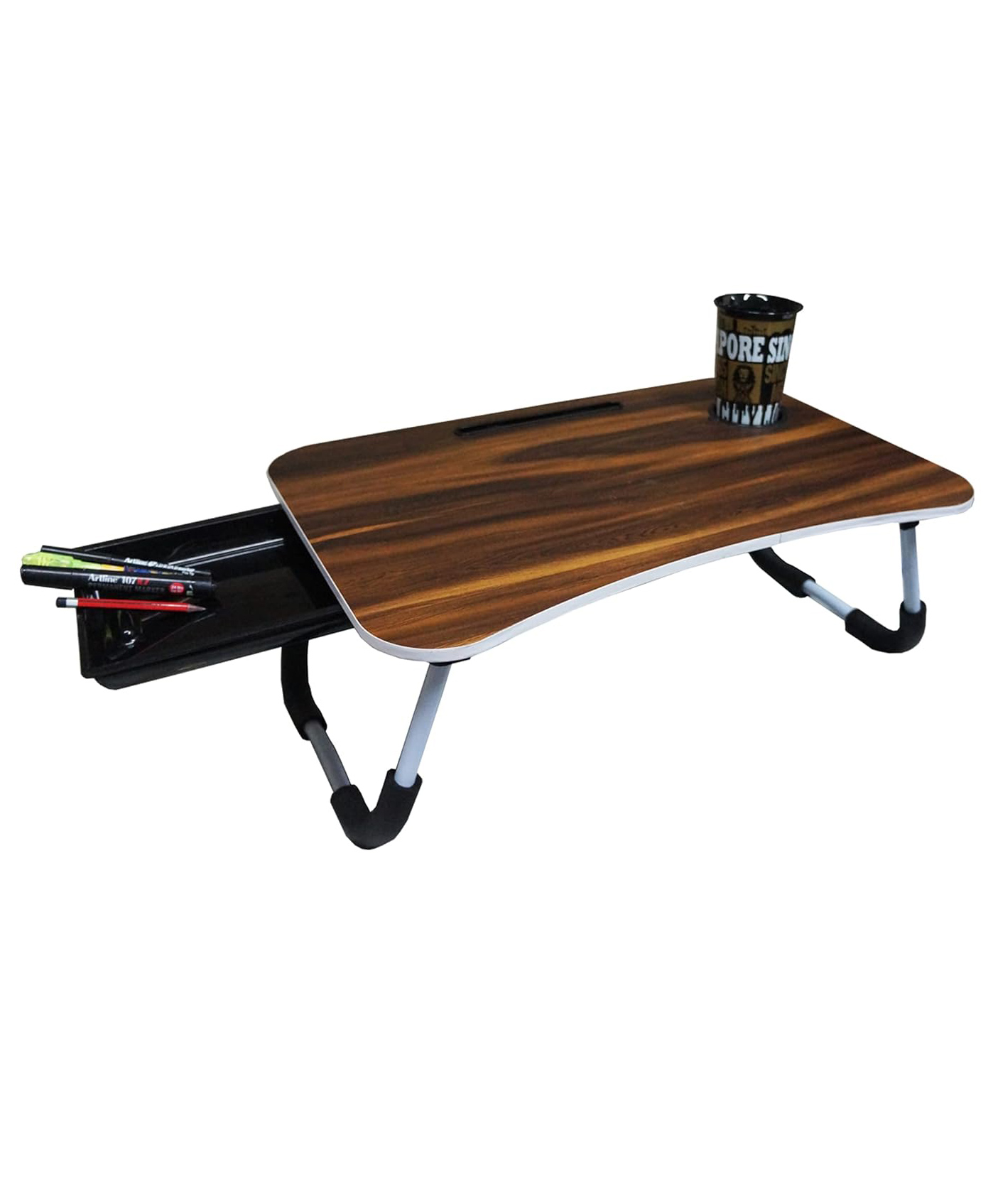 Muren Foldable Space Saving Study Multipurpose Table with Tablet/Mobile Slot & Cup Holder With Side Drawer Storage table-Brown-picture-13