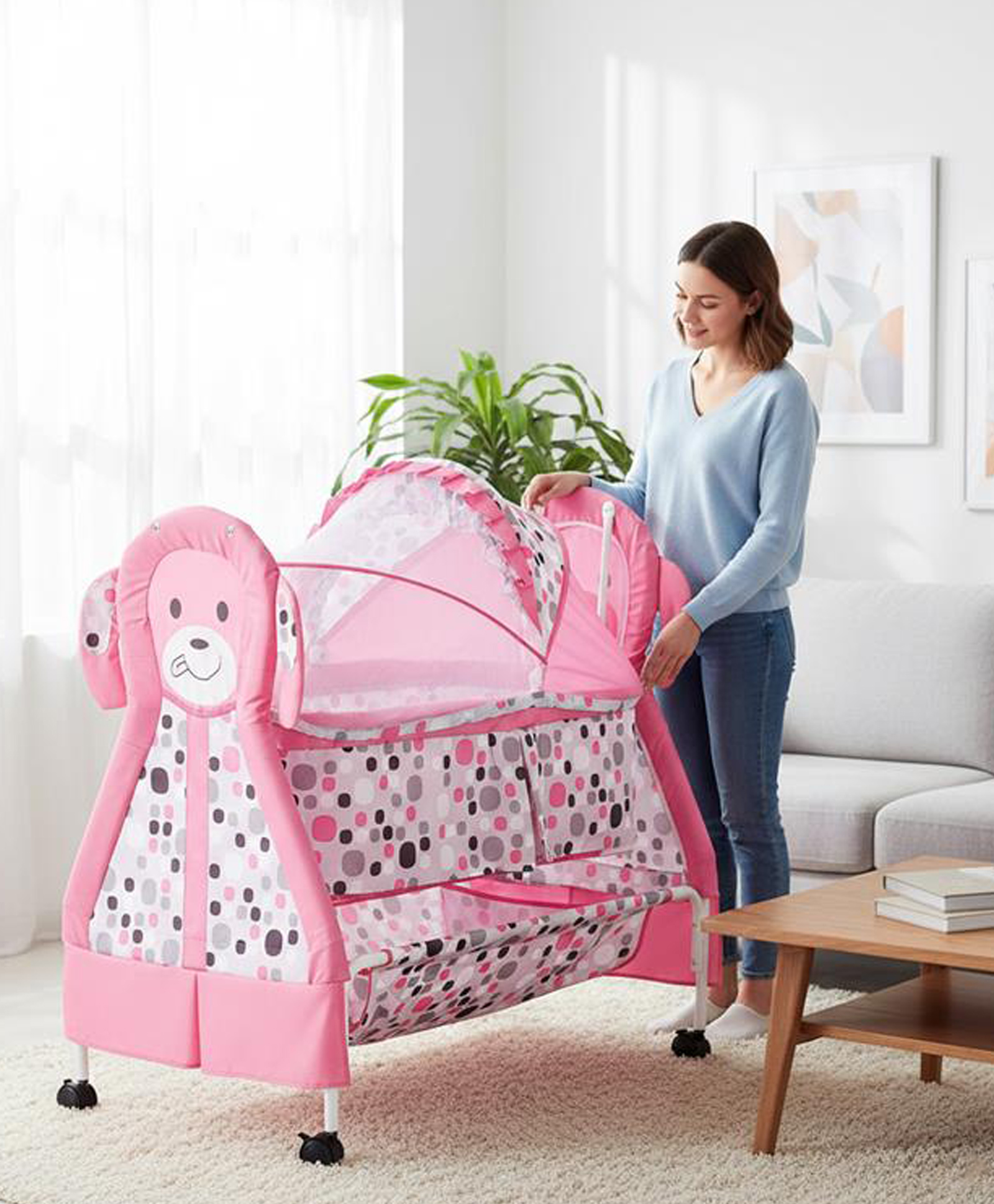 Metal Cradle with Swing Lock Mosquito Net and Storage - Pink