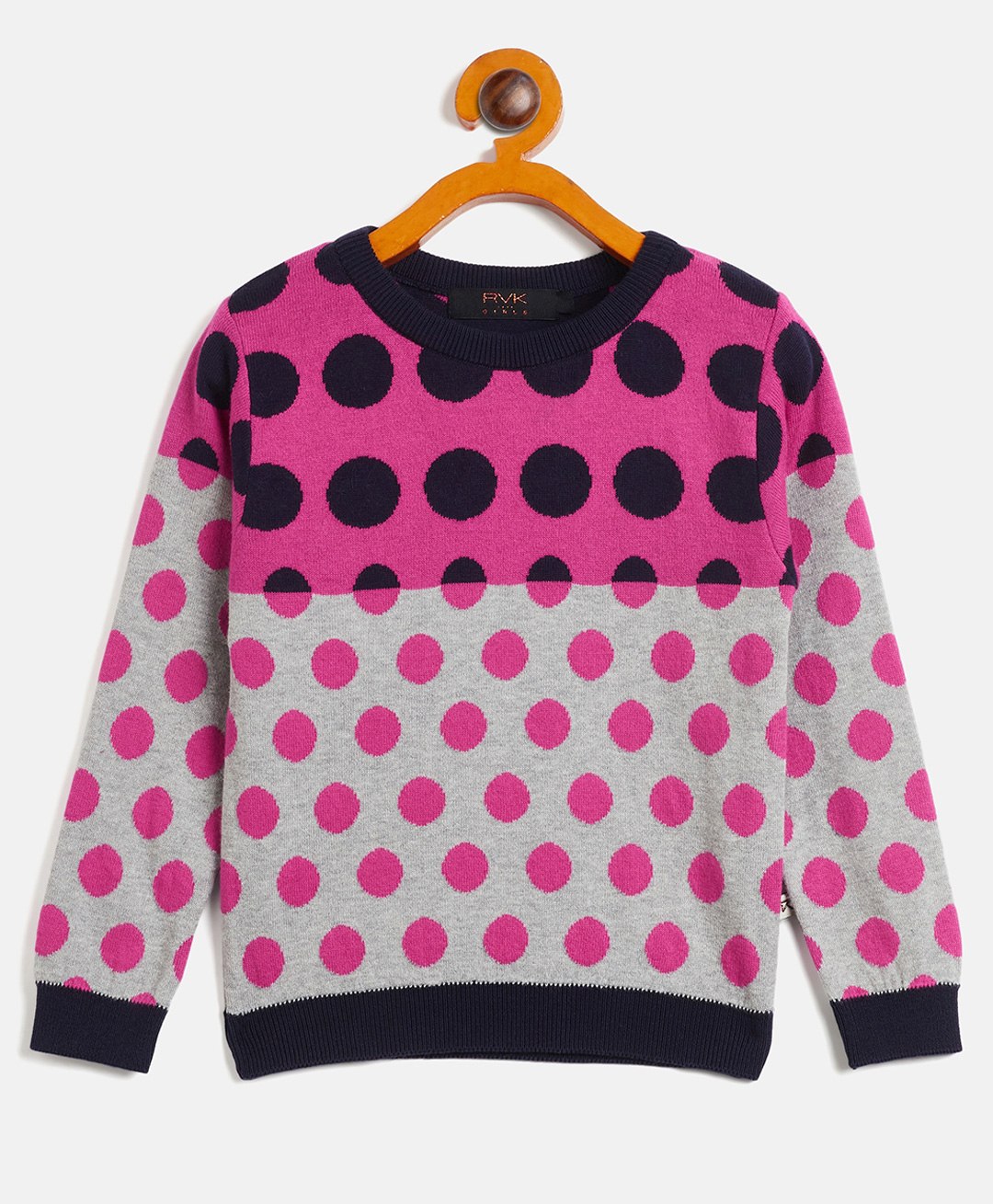 RVK Full Sleeves Polka Dots Printed Colour Blocked Cotton Pullover - Rani Pink-image-42