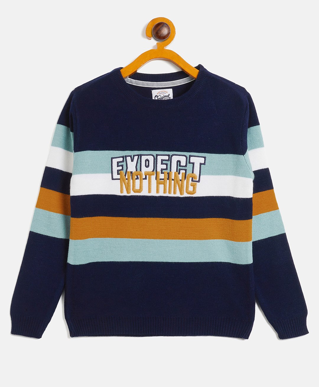 RVK Full Sleeves Rugby Striped & Expect Nothing Text EmbroideredPullover Sweater - Navy Blue-image-48