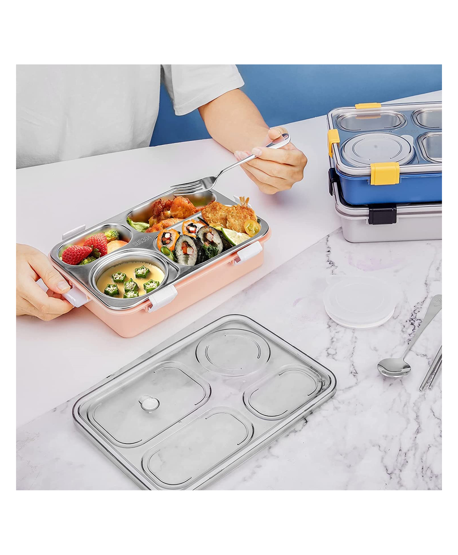 Luvlittle  3 Compartment Stainless Steel Insulated Lunch Box for Kids, Boys and Girls Perfect Tiffin Box for School & Office Men and Women -PINK-Pack of 1-image-19