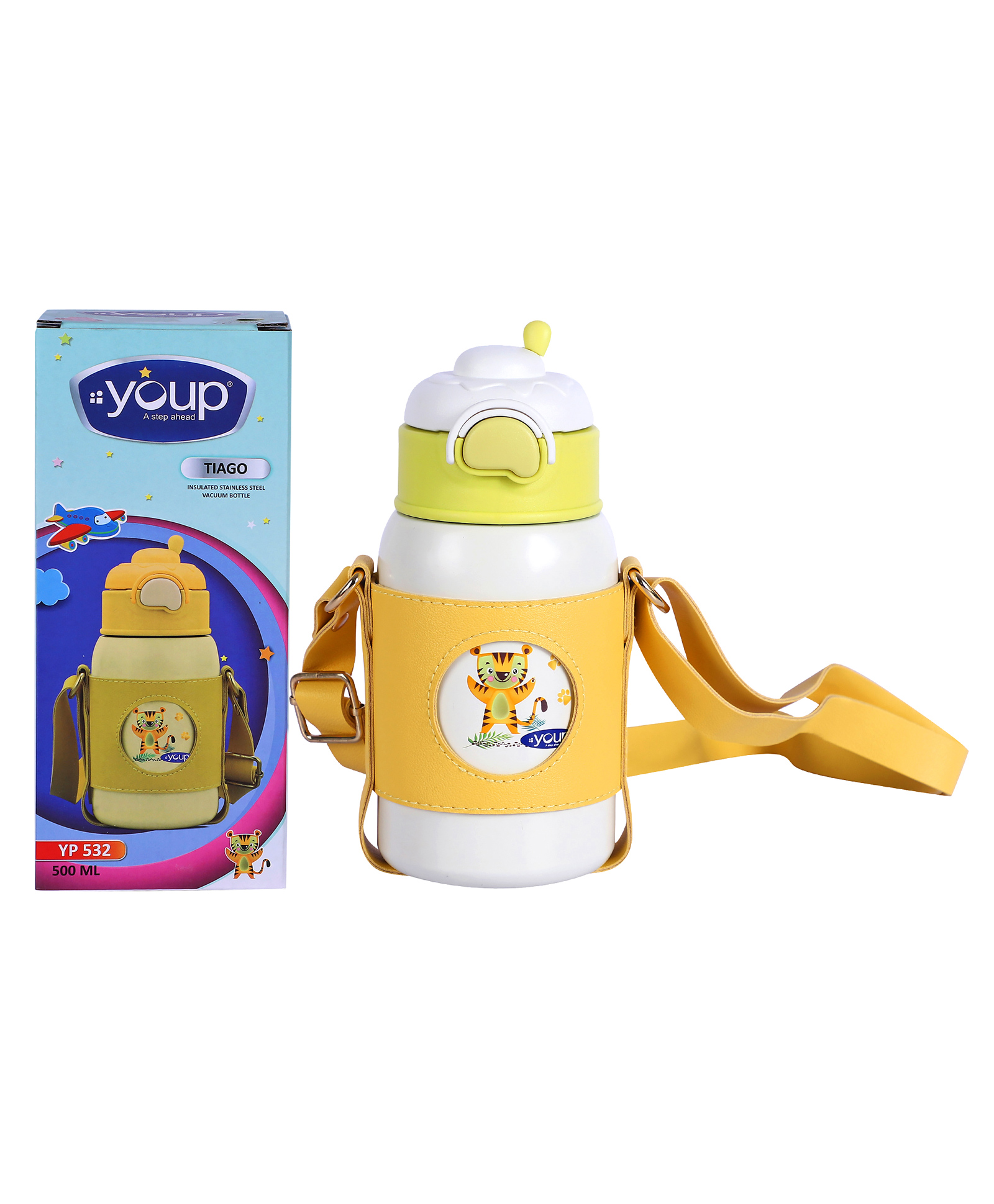 YOUP Stainless Steel White Yellow Color Tiger Print Kids Insulated Sipper Bottle with Leather Cover and Strap TIAGO-500 ml-picture-19
