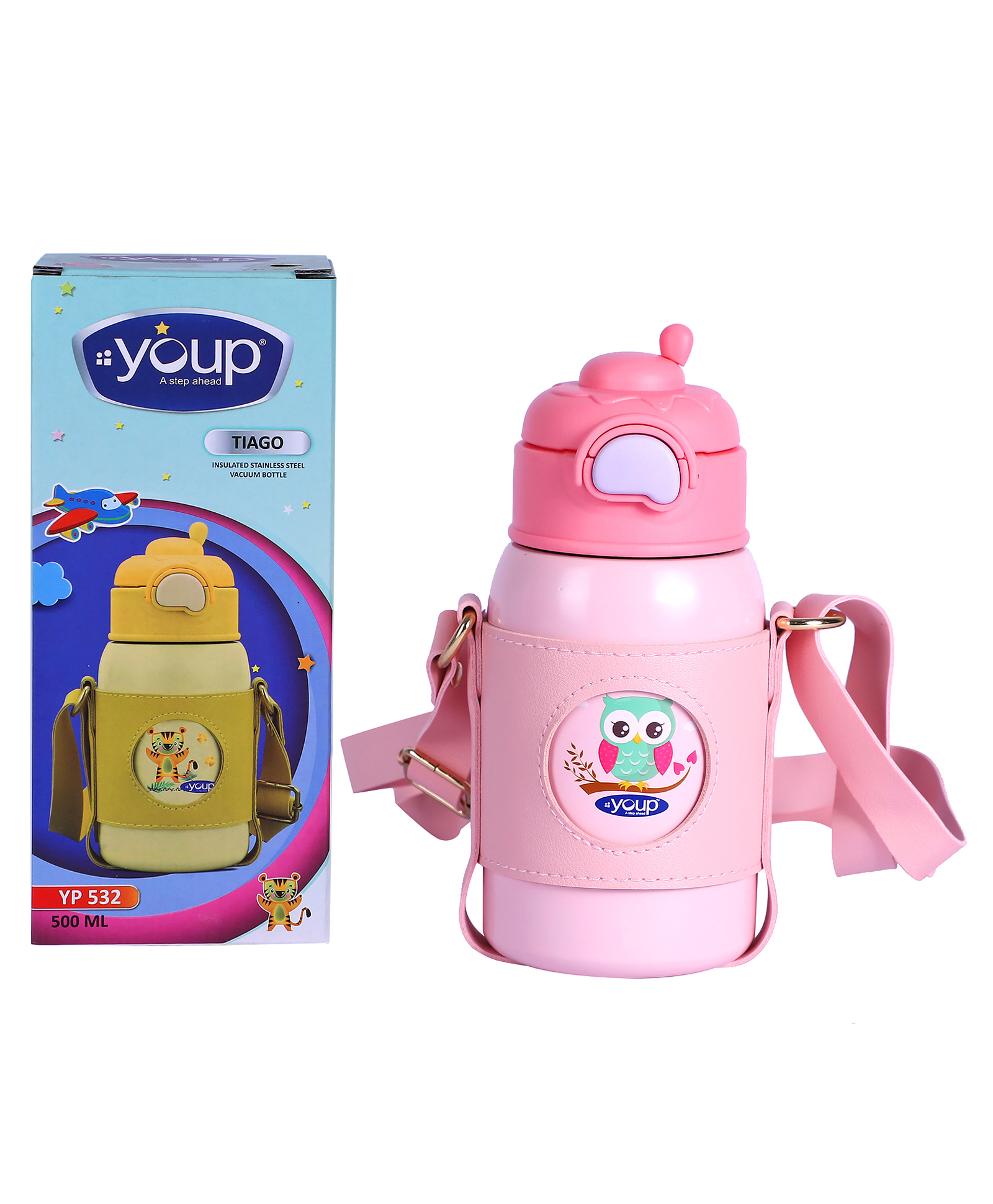 YOUP Stainless Steel Pink Color Owl  Print Kids Insulated Sipper Bottle with Leather Cover and Strap TIAGO-500 ml-image-16