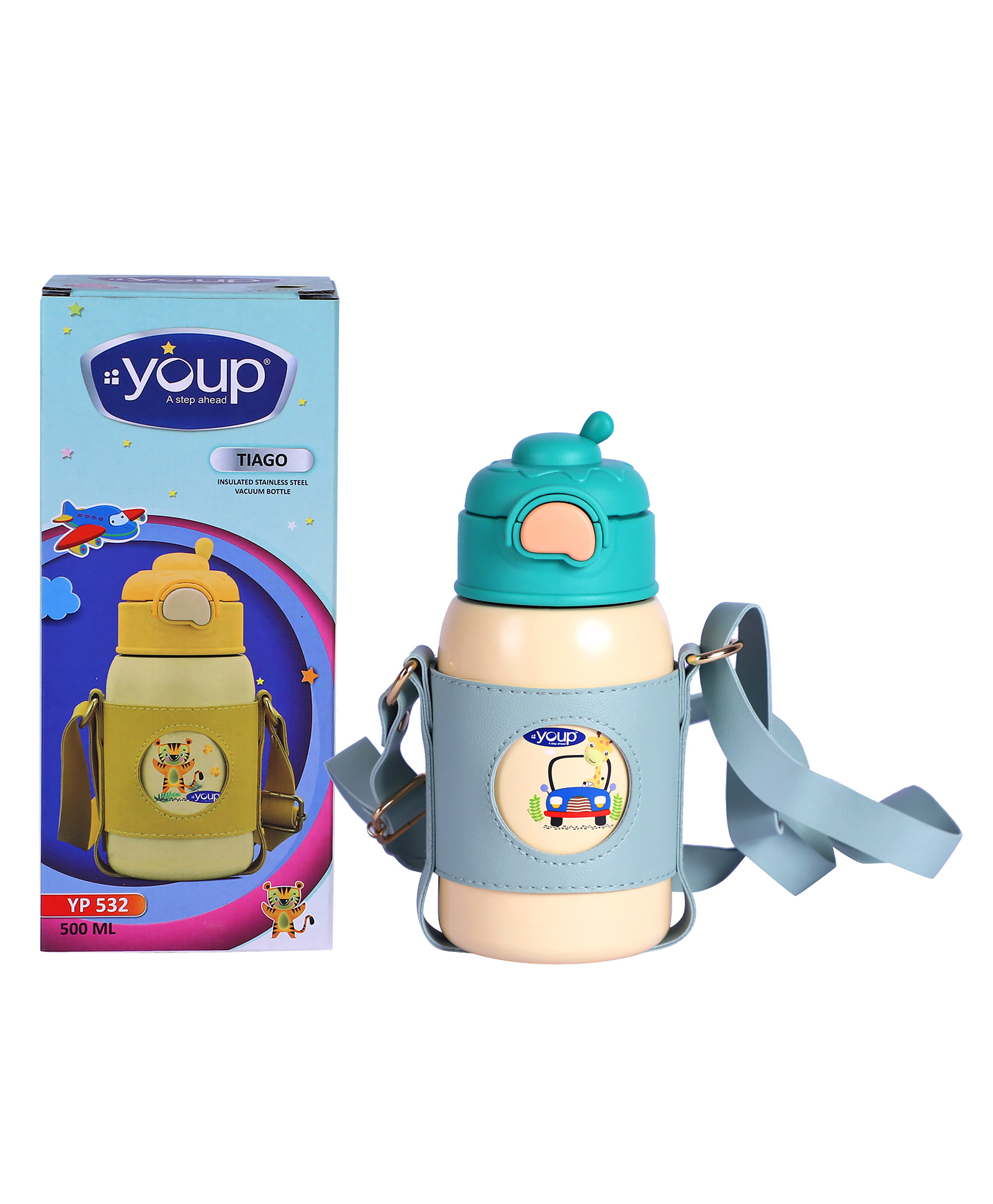 YOUP Stainless Steel Green Yellow Color Car Print Kids Insulated Sipper Bottle with Leather Cover and Strap TIAGO-500 ml-picture-17