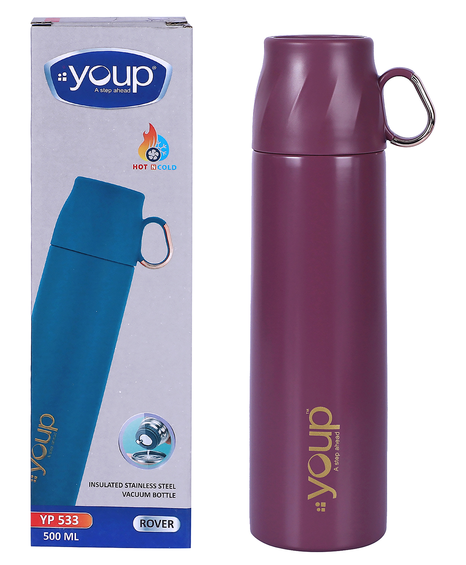 YOUP Thermosteel Insulated Purple Color Water Bottle With Handle Containing Cup Cap ROVER - 500 ml-picture-14