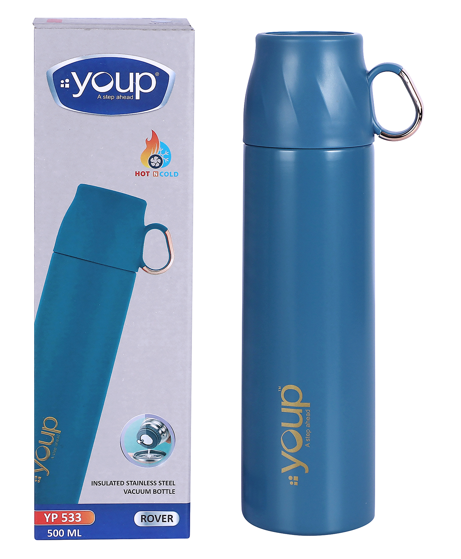 YOUP Thermosteel Insulated Blue Grey Color Water Bottle With Handle Containing Cup Cap ROVER - 500 ml-picture-15