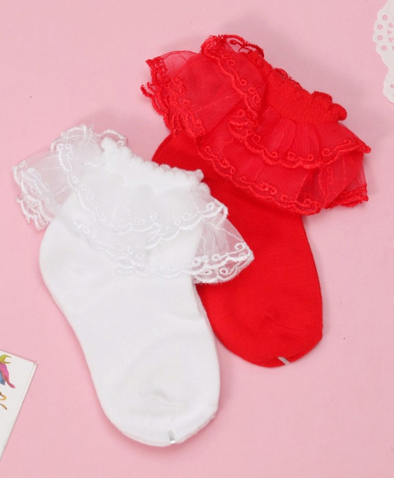 Yellow Bee Pack Of 2 Princess Ruffle Lace Detailed Cotton Socks  - White And Red-image-46