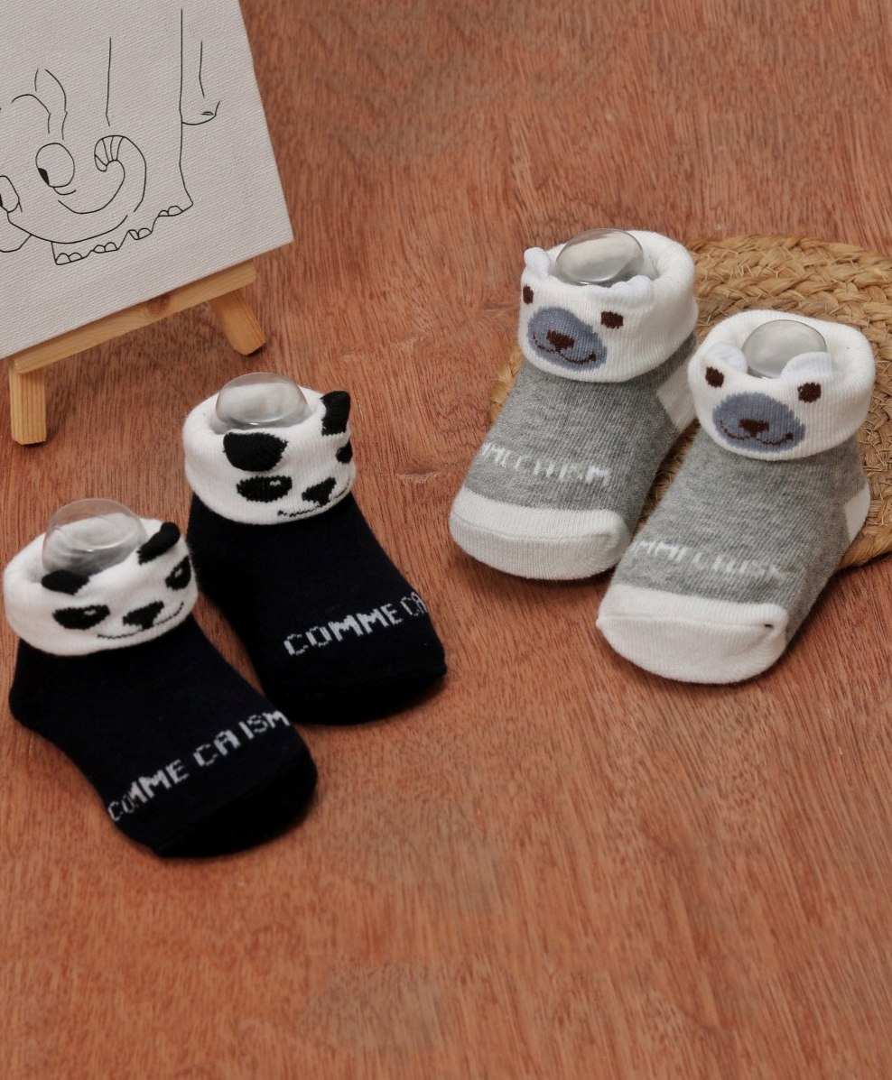 Yellow Bee Pack Of 2 Panda & Teddy Face Detailed Anti Skid Socks - Black & Grey-picture-25