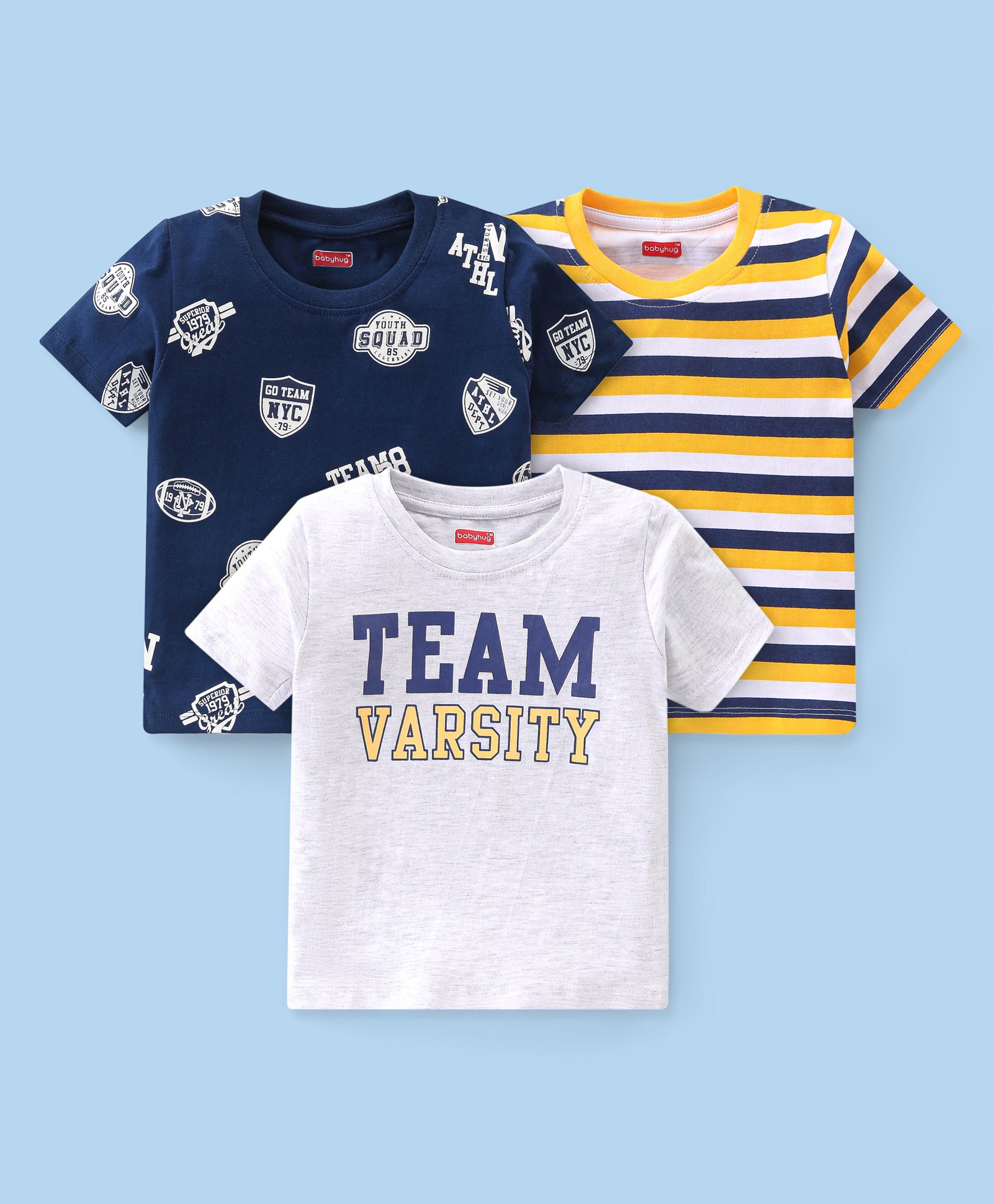 Babyhug 100% Cotton Knit Half Sleeves T-Shirt Stripes & Rugby Ball Graphics Pack Of 3 - Multicolor-picture-24