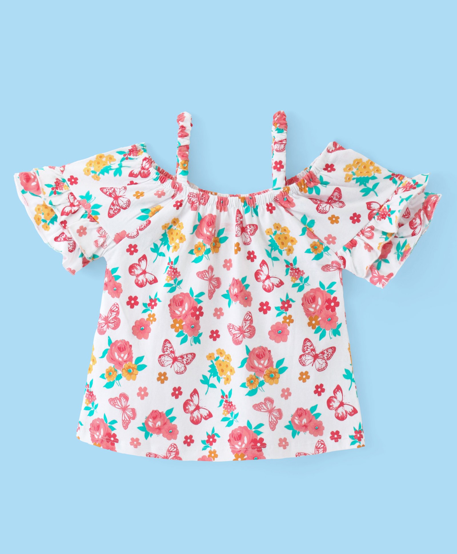 Babyhug 100% Cotton Knit Cold Shoulder Sleeves With Floral Print & Frill Detailing- White-picture-21