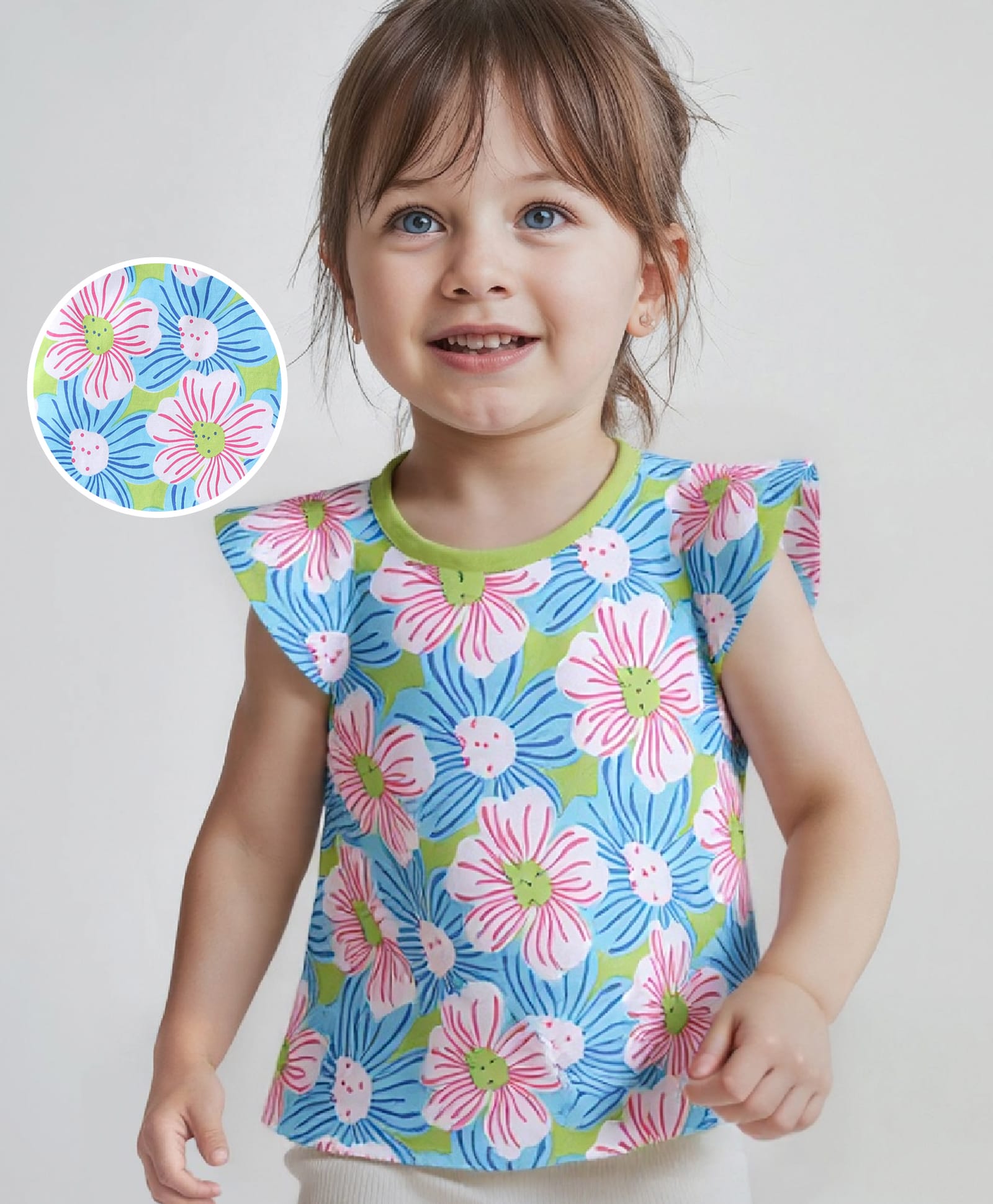 Babyhug 100% Cotton Knit Cap Sleeves Top with Floral Print - Lime Green & Blue-image-9
