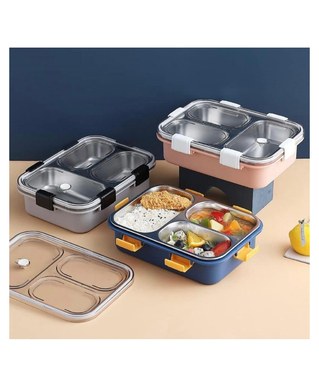 ARCADE TOYS 3 Grid Stainless Steel Insulated Lunch Box - Colour may vary-image-41