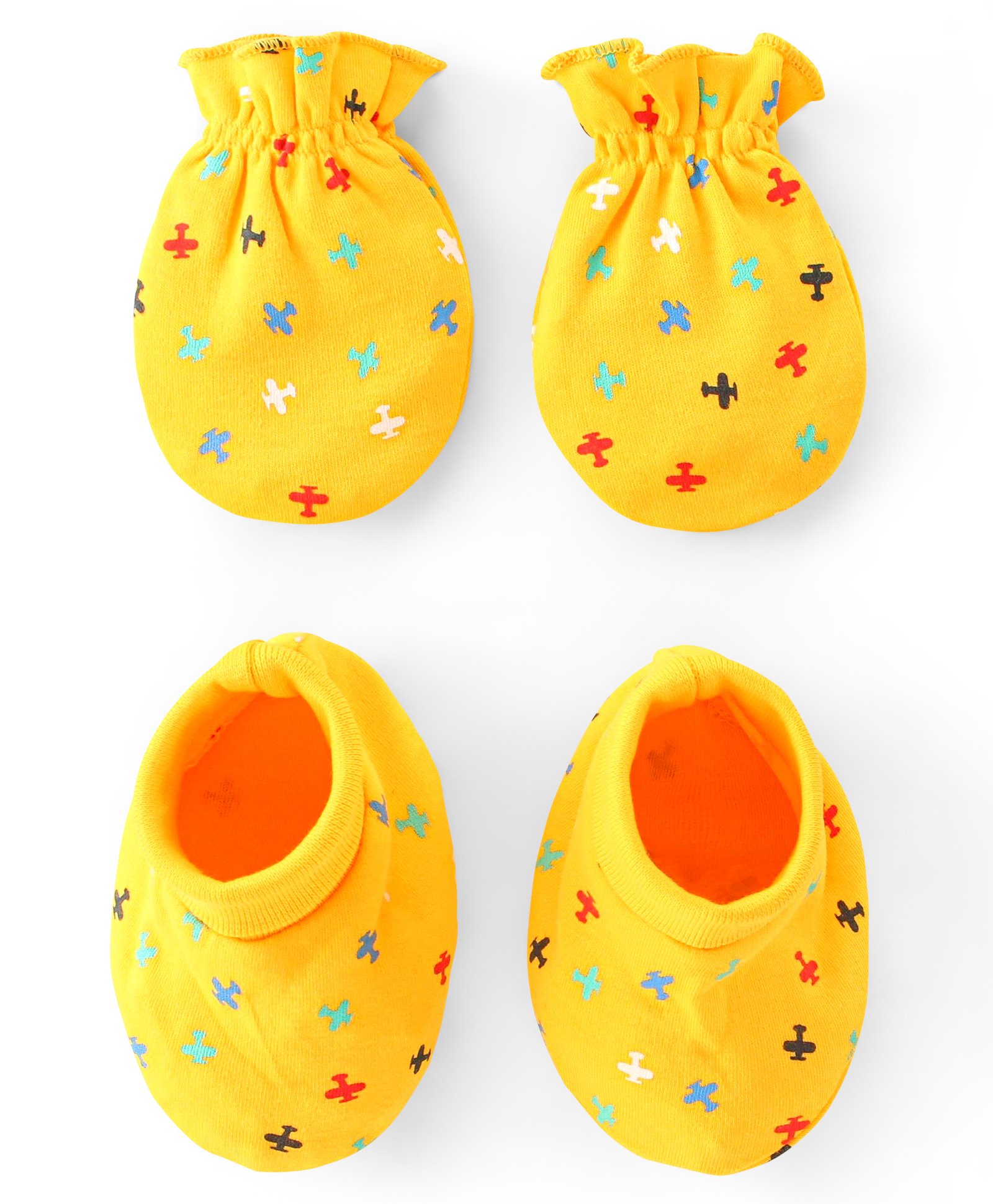 Babyhug 100% Cotton Knit Mittens & Booties Set Helicopter Print- Yellow-image-4