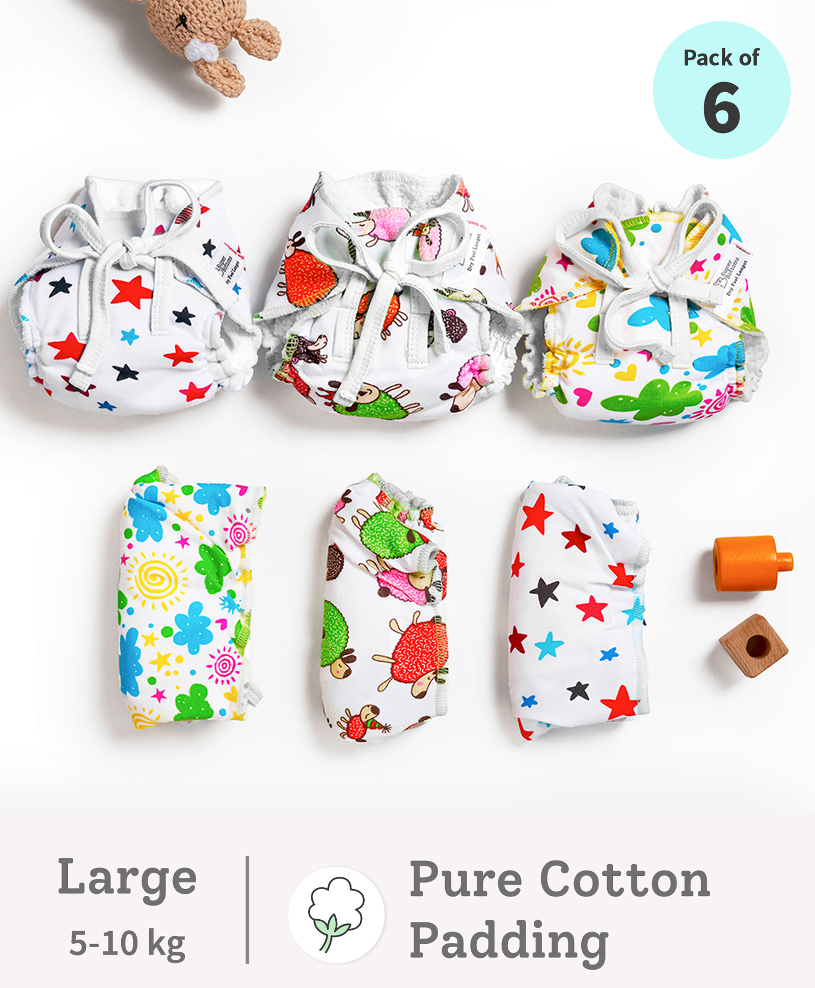 SuperBottoms DryFeel Langot for New Born Baby  Fully Waterproof  100% Cotton  Large  Pack of 6