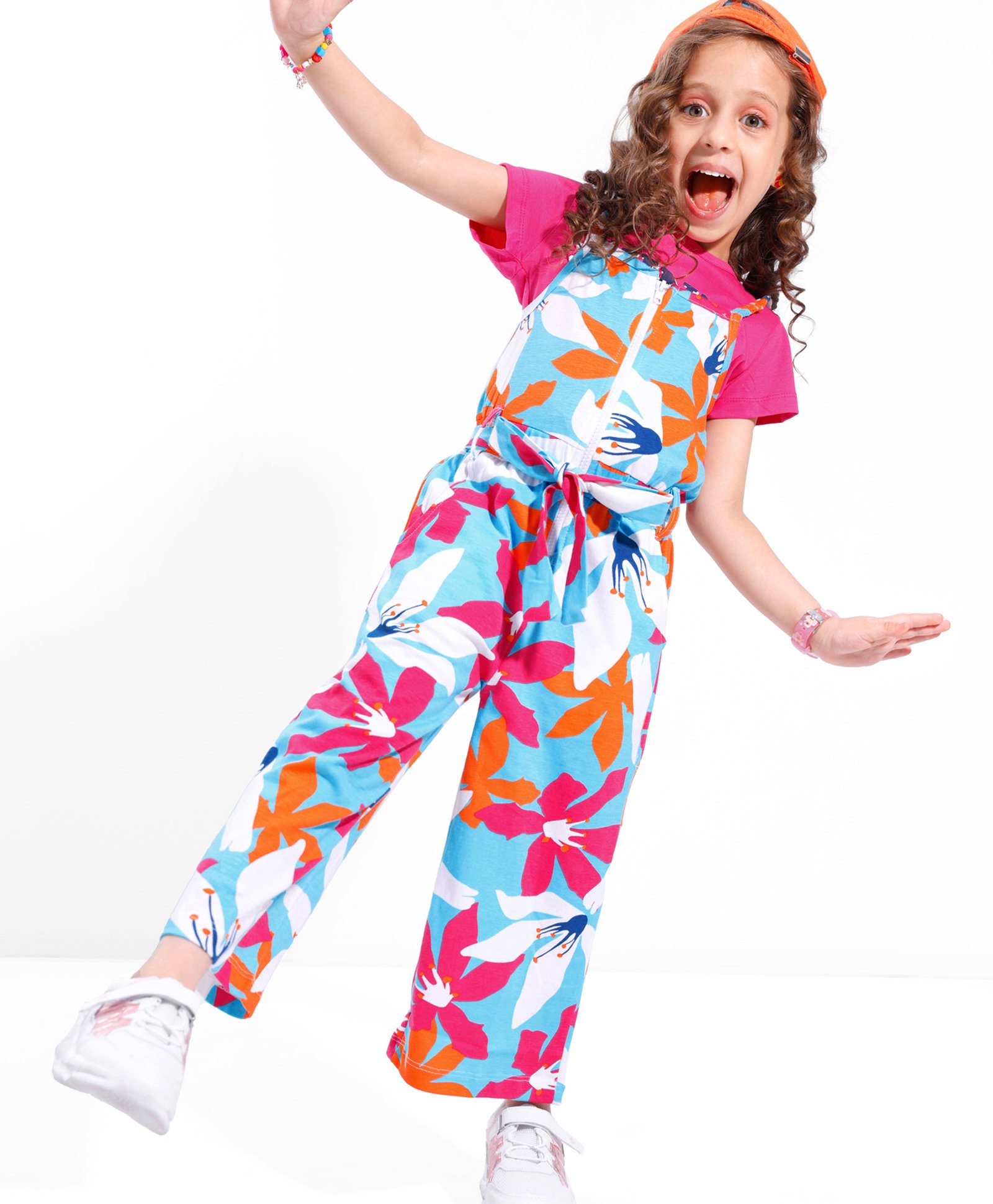 Ollington St. 100% Cotton Sinker Knit Half Sleeves Top And Floral Printed Jumpsuit with Zipper- Pink & Multicolor-picture-34