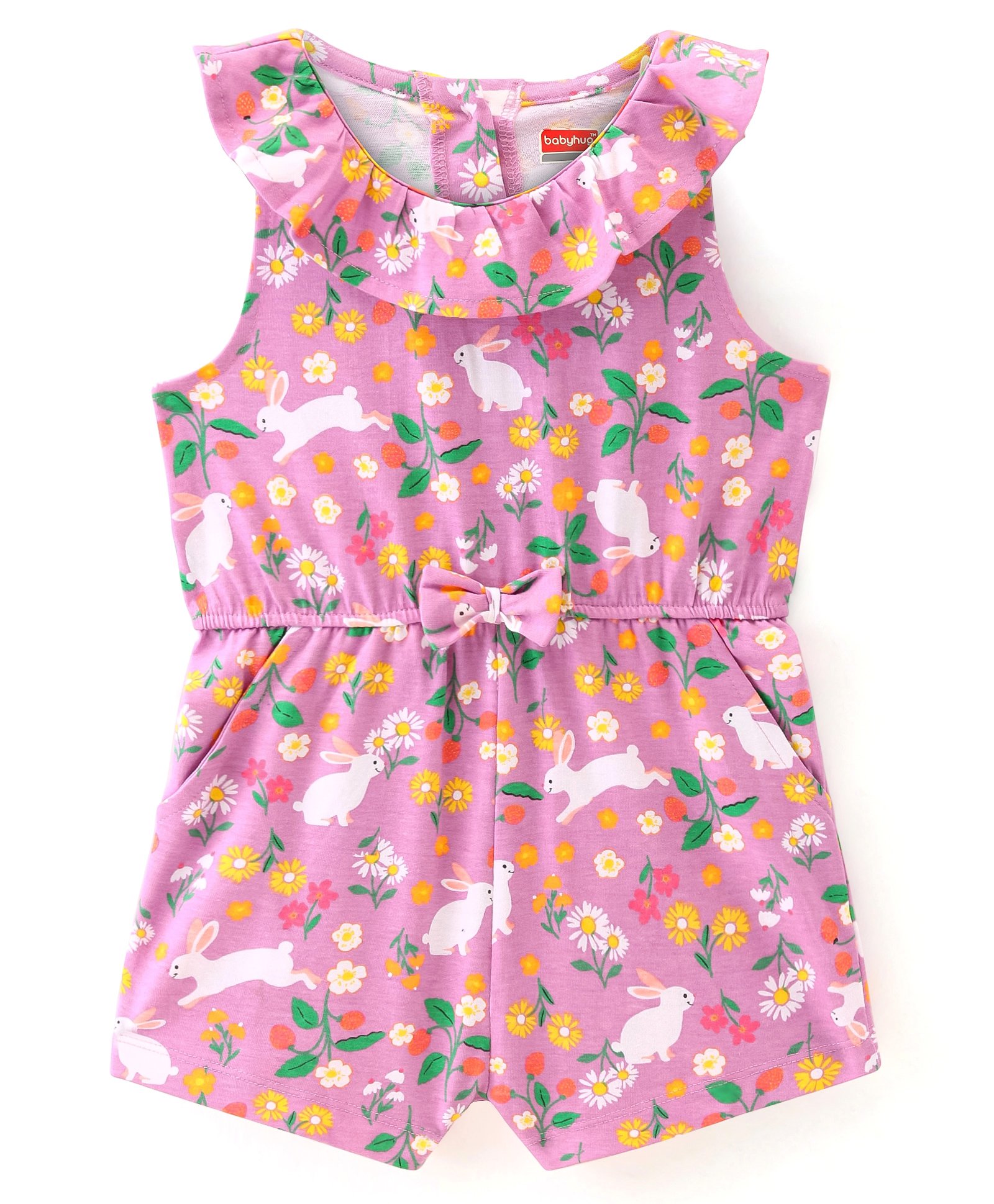 Babyhug  Cotton Jersey Knit Sleeveless Jumpsuit Floral Print & Bow Applique  - Pink-picture-15