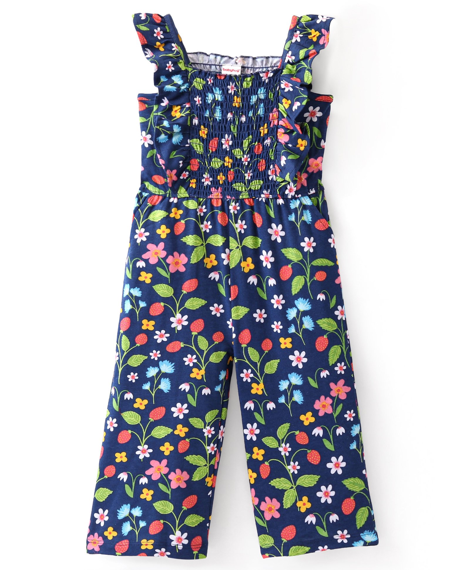 Babyhug Cotton Knit  Sleeveless Jumpsuit  with Floral Print - Navy Blue-image-24