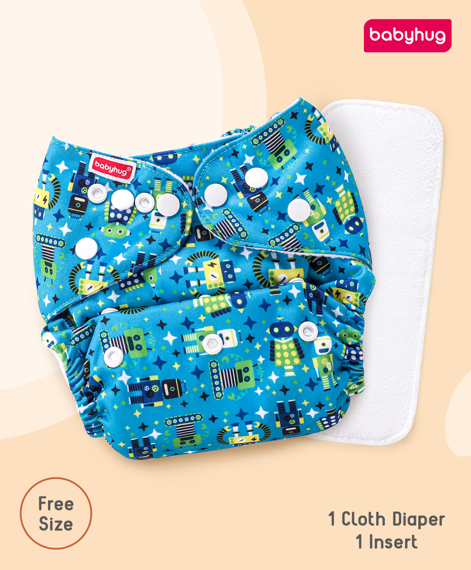 Babyhug Free Size Reusable Cloth Diaper with Smart Dry Insert Combo Robot Print- Teal Blue-image-4