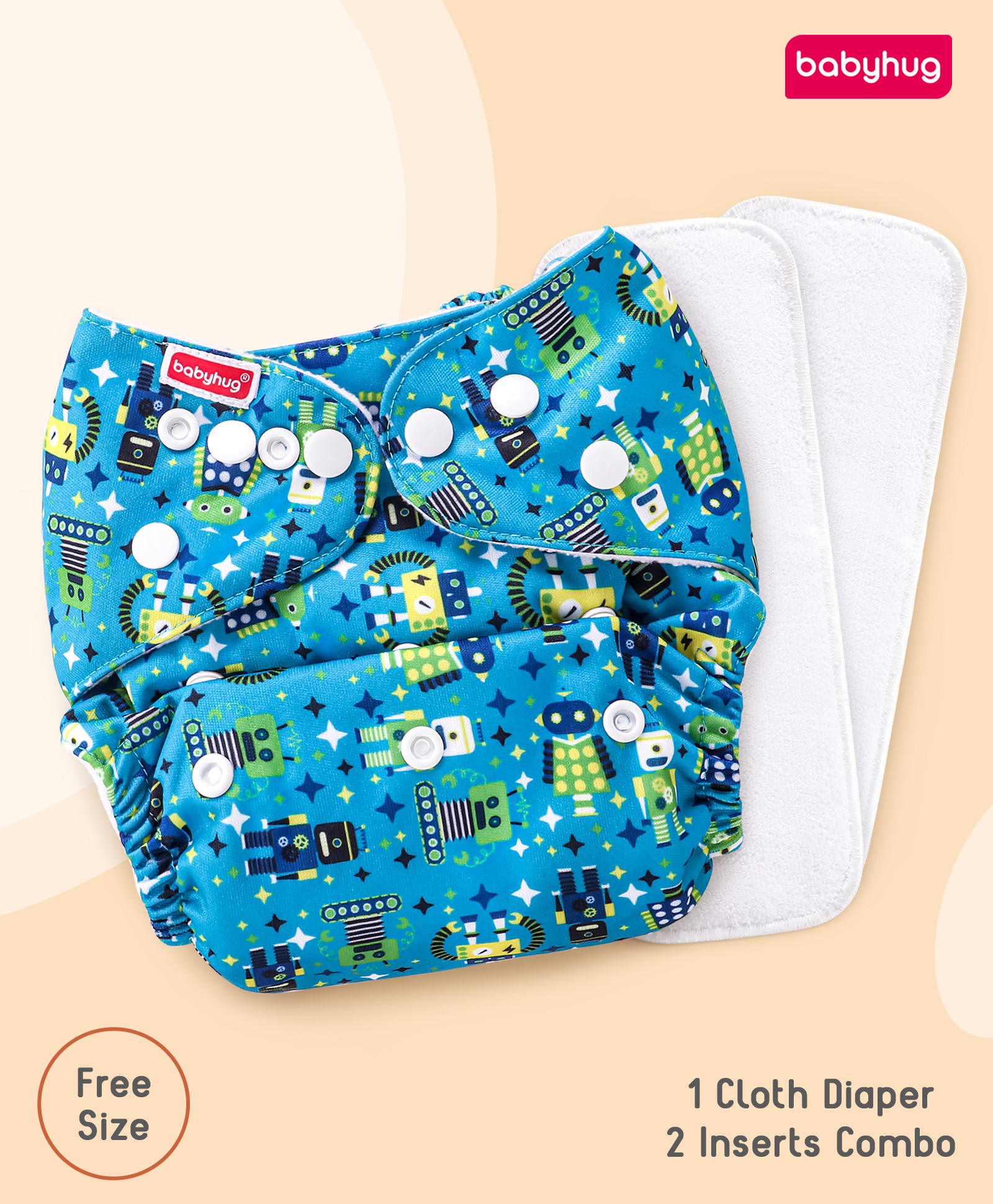 Babyhug Free Size Reusable Cloth Diaper with 2 Smart Dry Inserts Combo Robot Print- Teal Blue-image-14