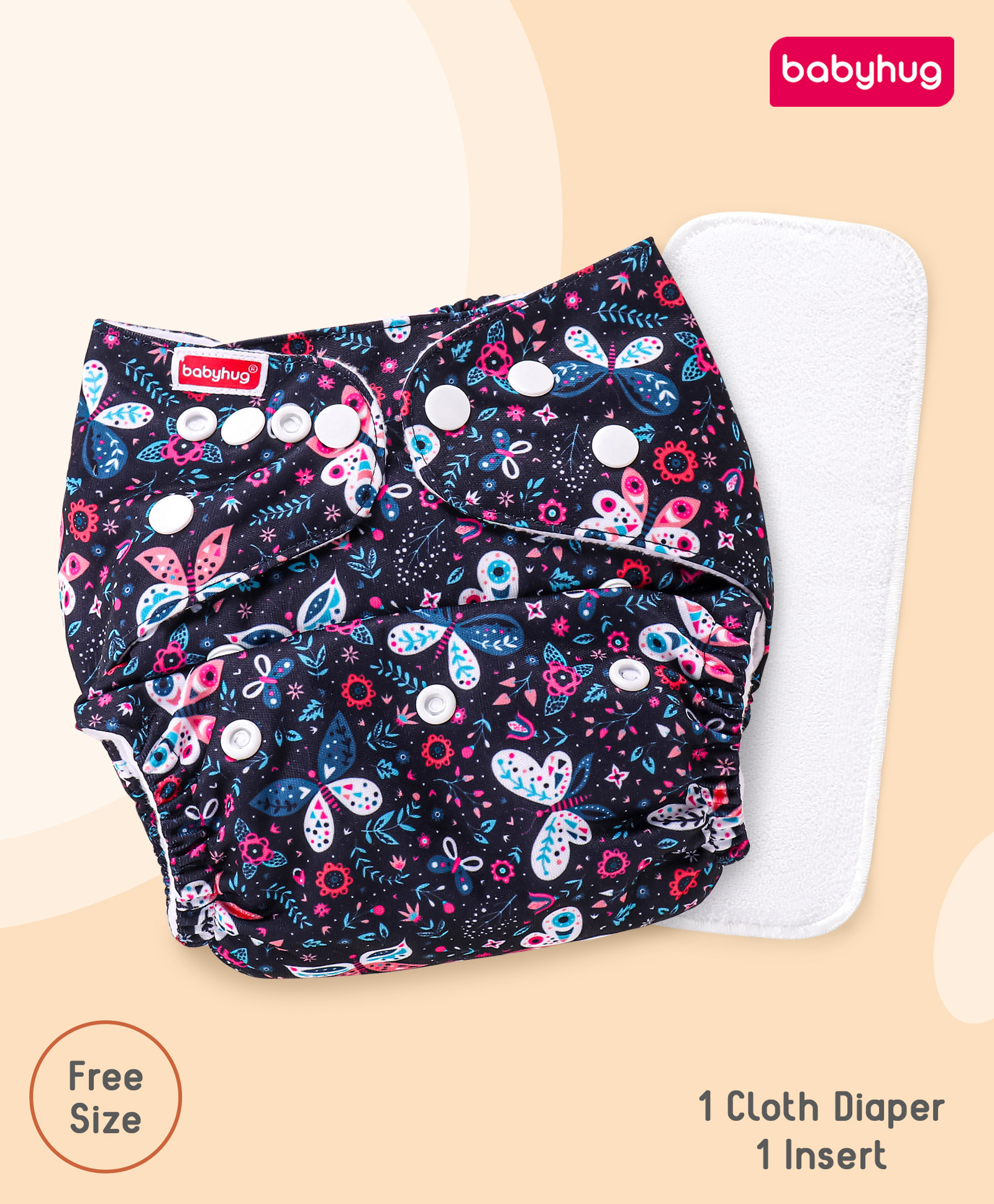 Babyhug Free Size Reusable Cloth Diaper with Smart Dry Insert Combo Butterfly Print- Navy Blue