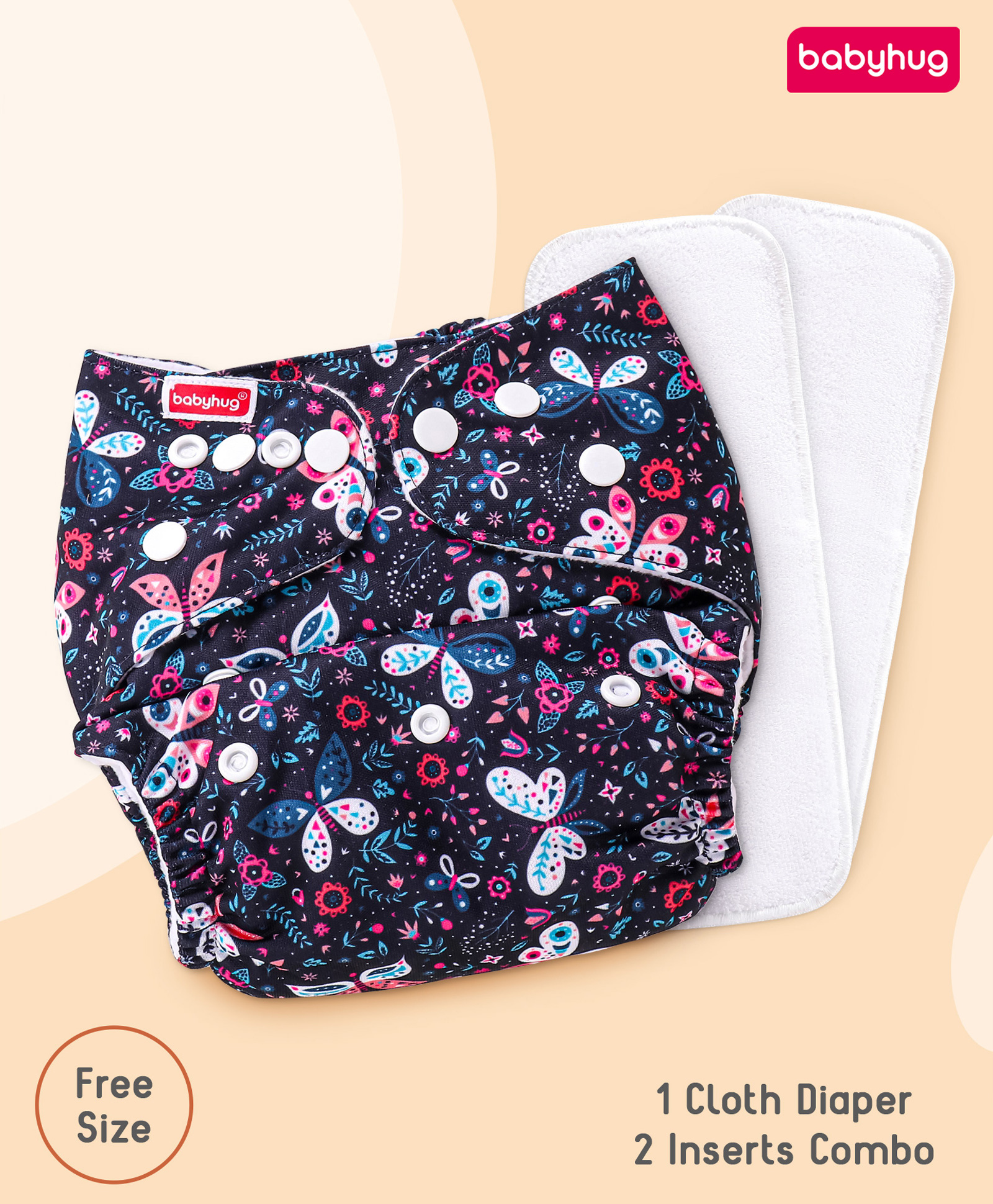 Babyhug Free Size Reusable Cloth Diaper with 2 Smart Dry Inserts Combo Butterfly Print- Navy Blue-image-46