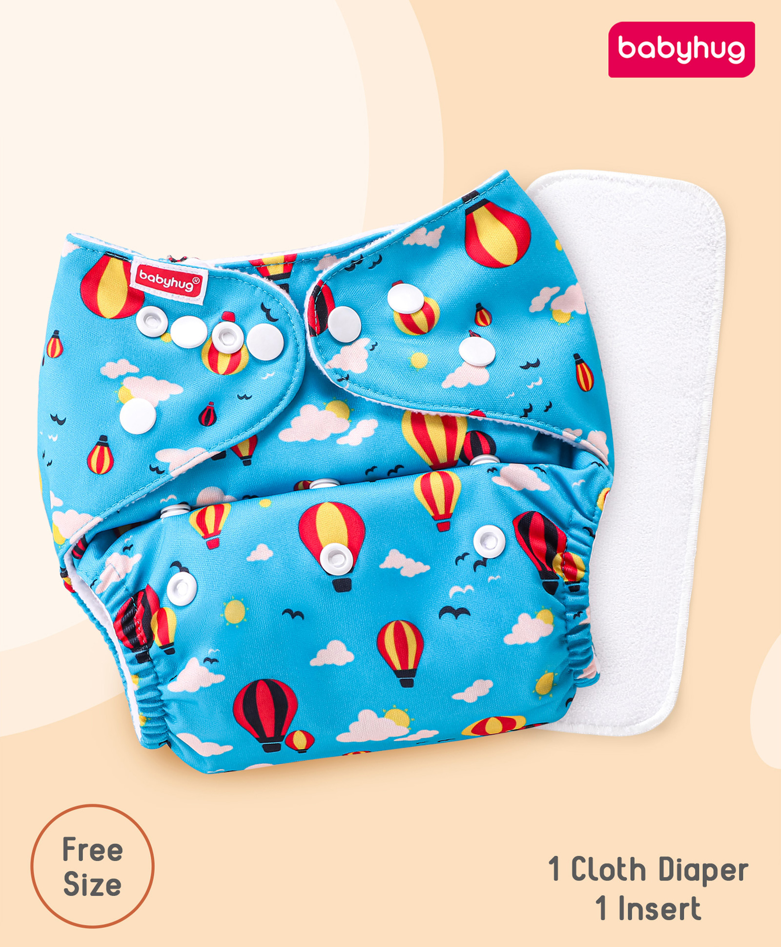 Babyhug Free Size Reusable Cloth Diaper with Smart Dry Insert Combo Hot Air Balloon Print- Sky Blue-image-45