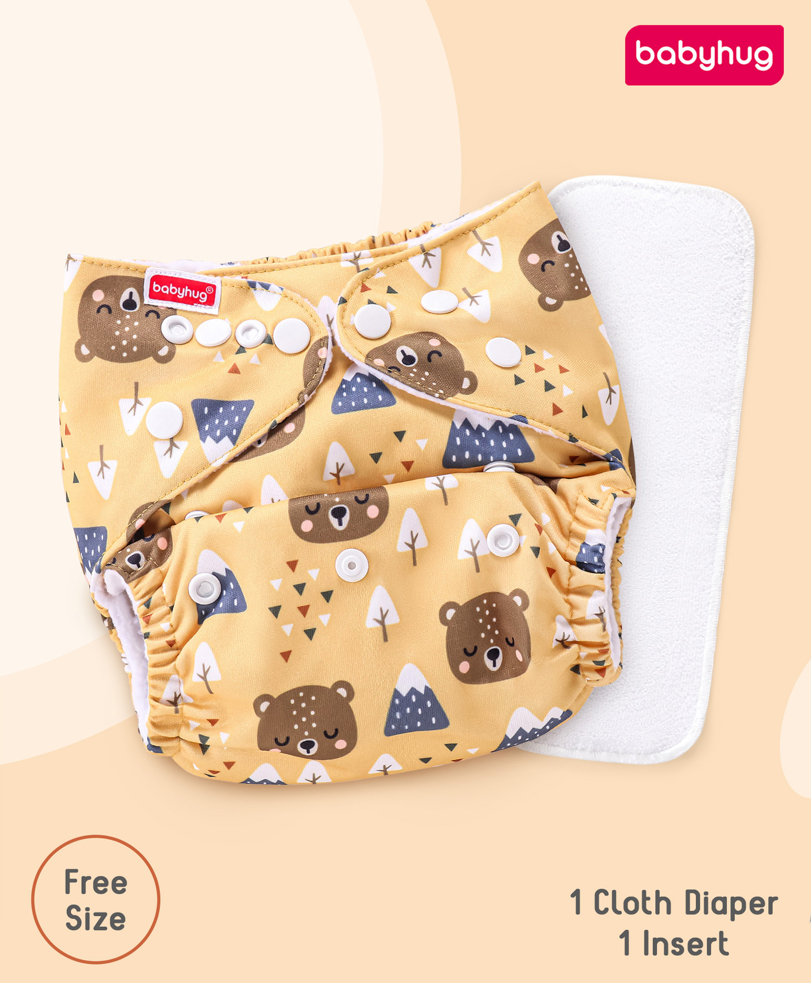 Babyhug Free Size Reusable Cloth Diaper with Smart Dry Insert Combo Bear Faces Print- Mustard Yellow-image-44