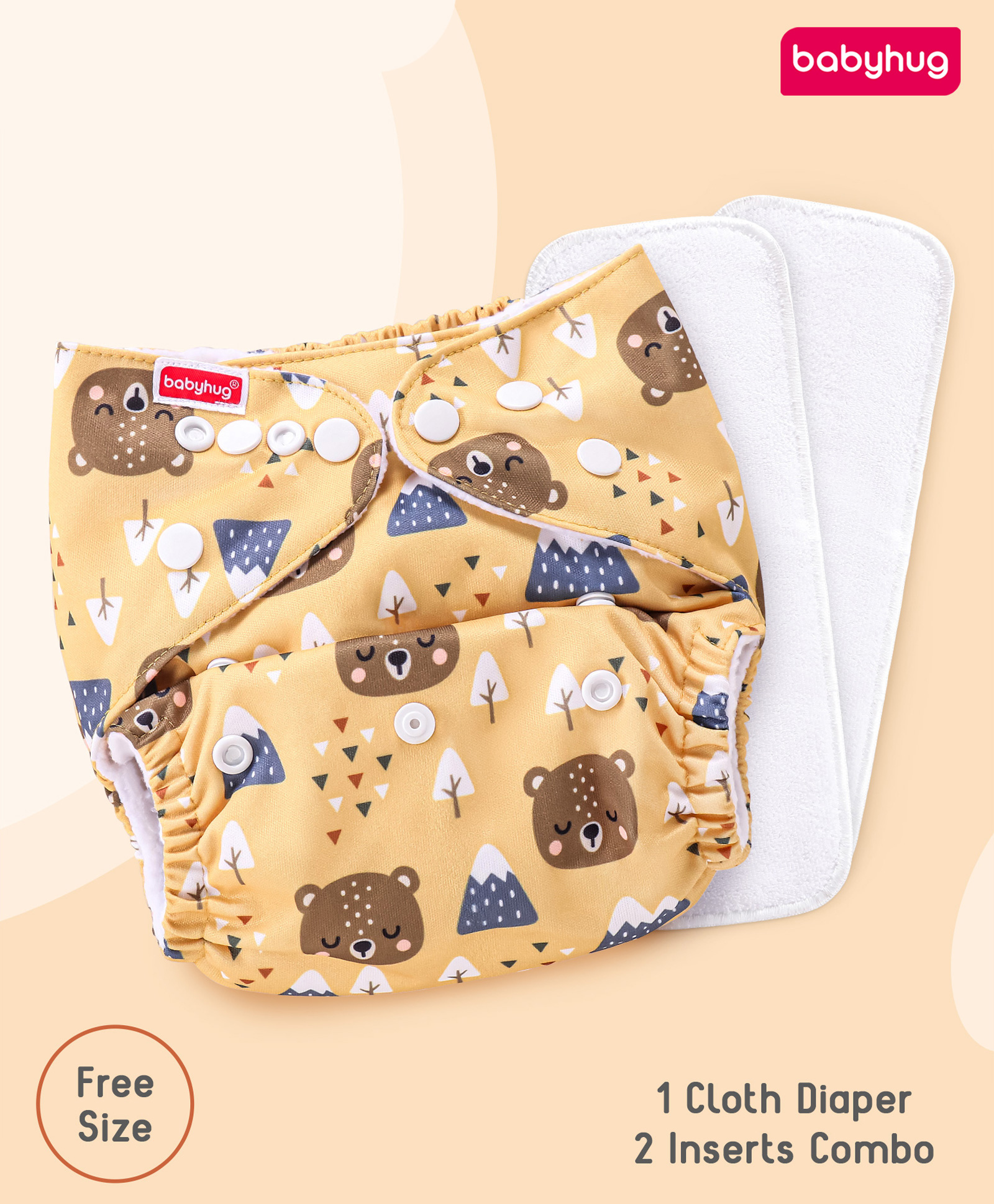Babyhug Free Size Reusable Cloth Diaper with 2 Smart Dry Inserts Combo Bear Faces Print- Mustard Yellow