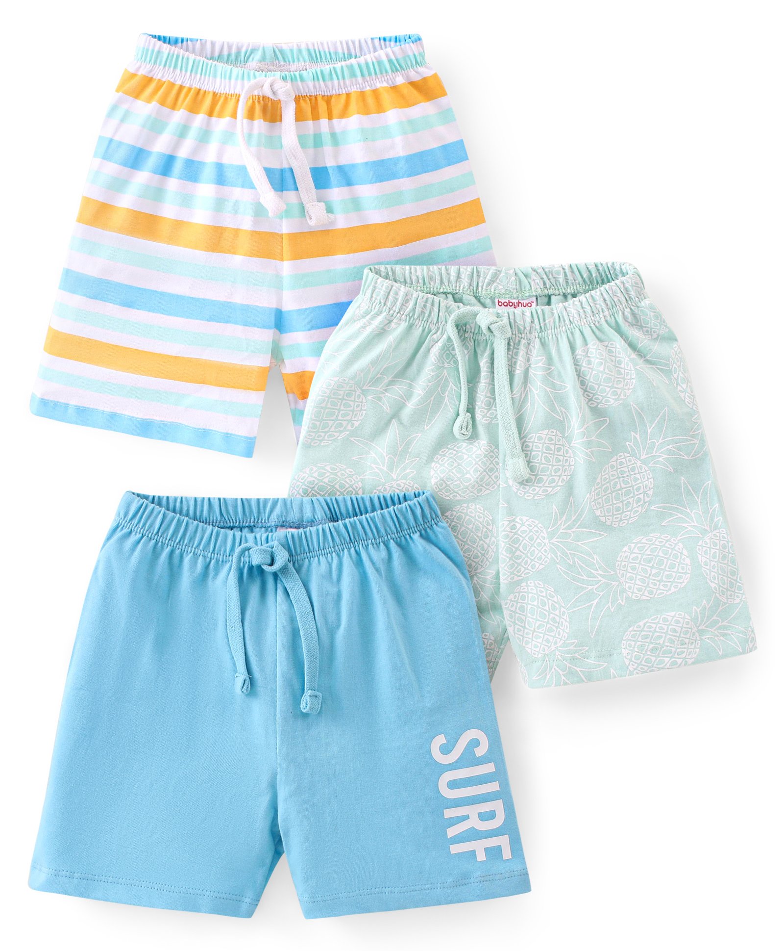 Babyhug Cotton Single Jersey Knit Shorts Stripes & Text Print Pack Of 3 - Blue-picture-23