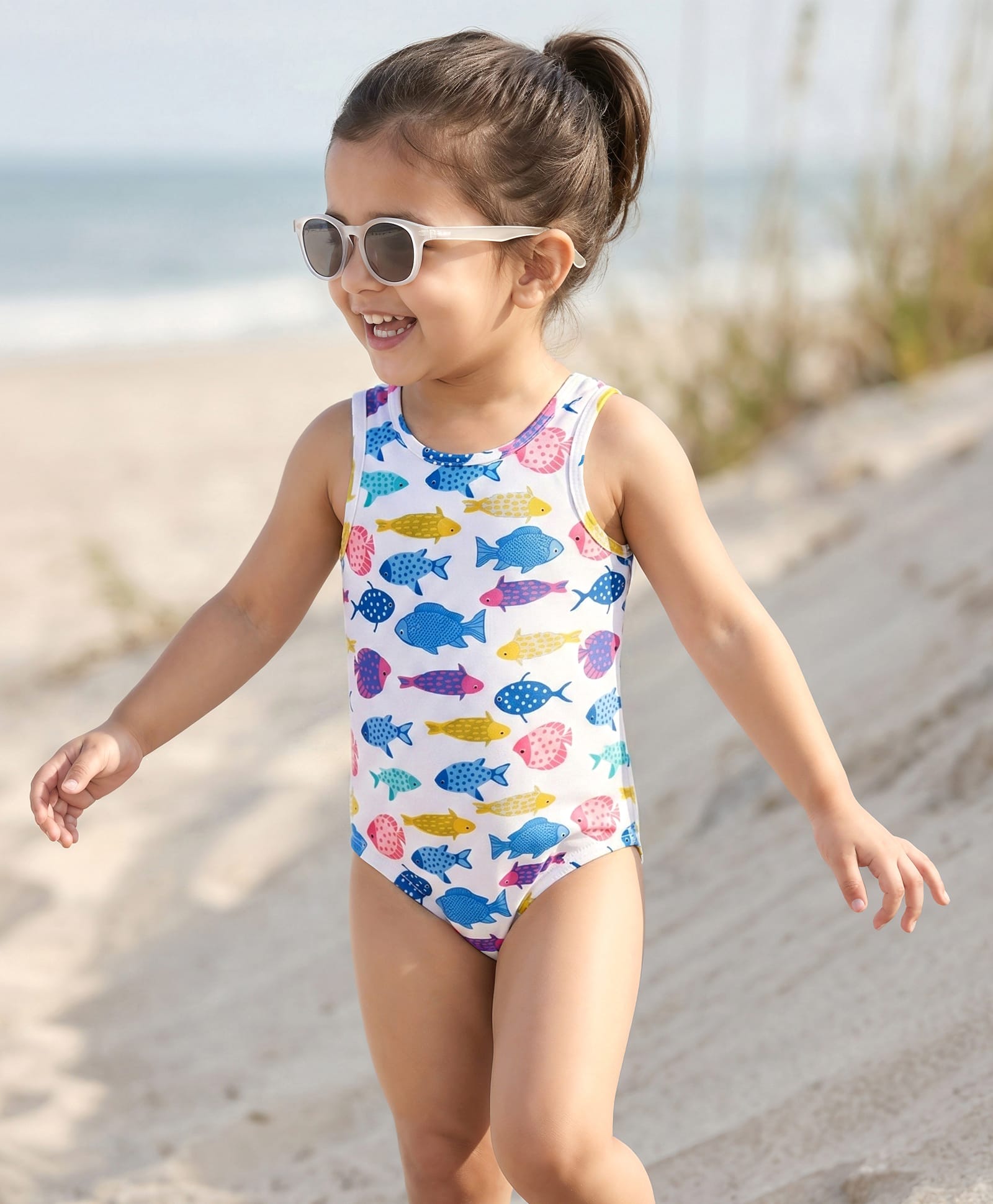 Babyhug V Cut Sleeveless Swimsuit Fish Print -White-image-1