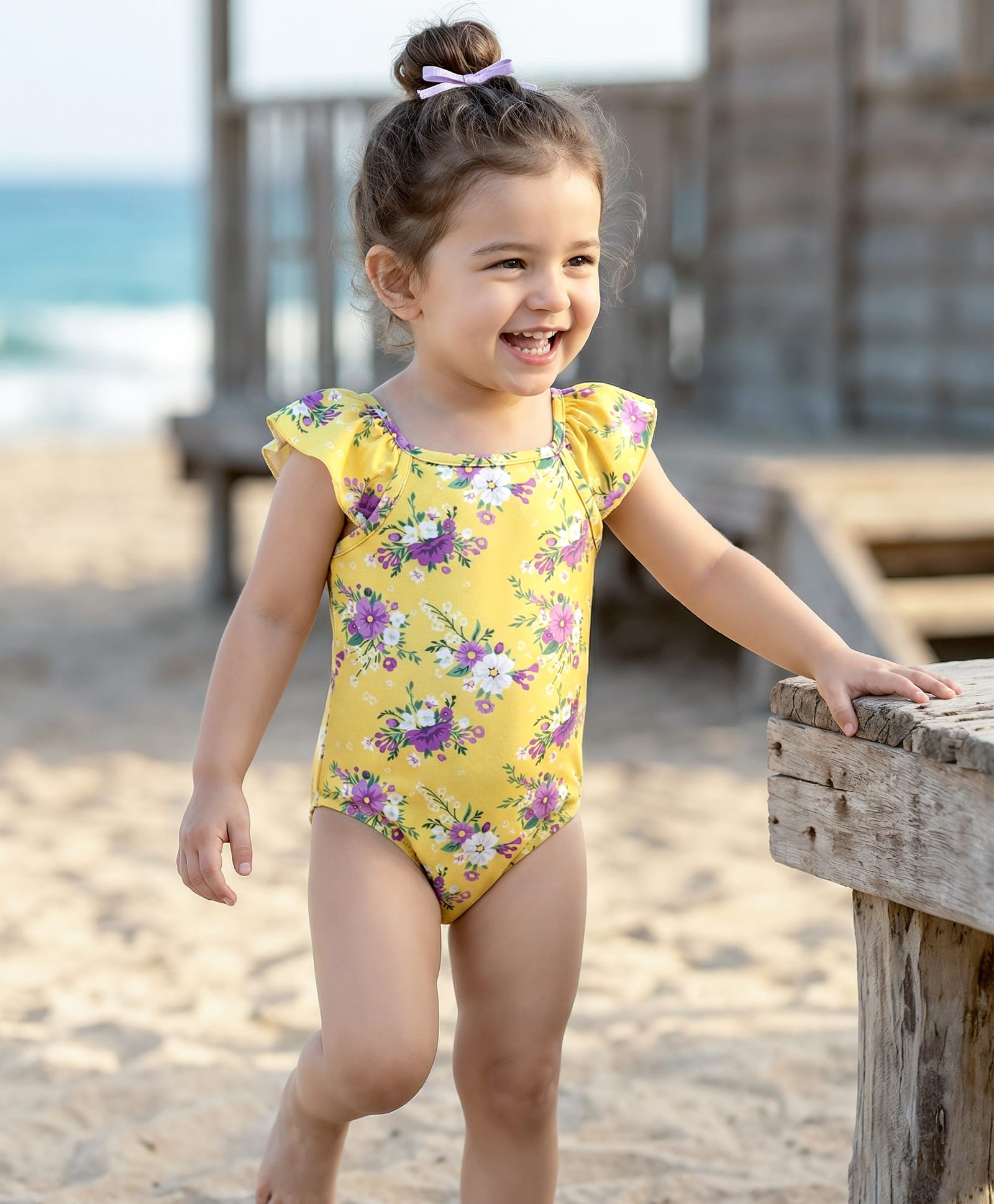 Babyhug V Cut Cap Sleeves Swimsuit Floral Print - Yellow-image-19