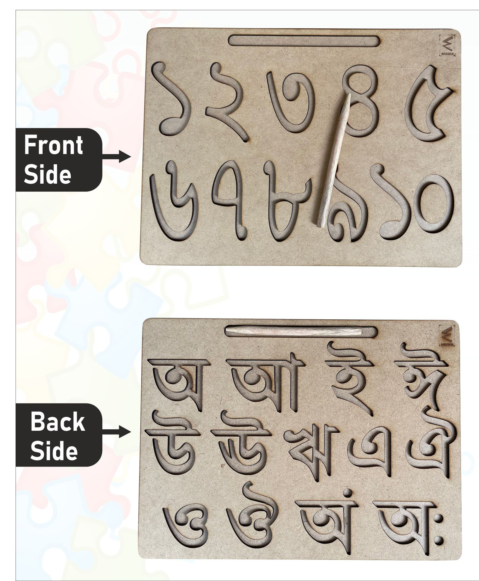 wissen Wooden Dual Side Bengali Swar and Number 1-10 Tracing board for kids-picture-3