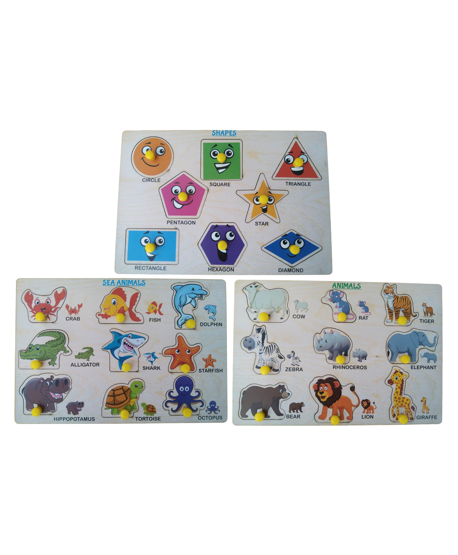 Wooden Puzzle with Knobs Educational and Learning Toy Animal, Sea Animal and Shape-image-1