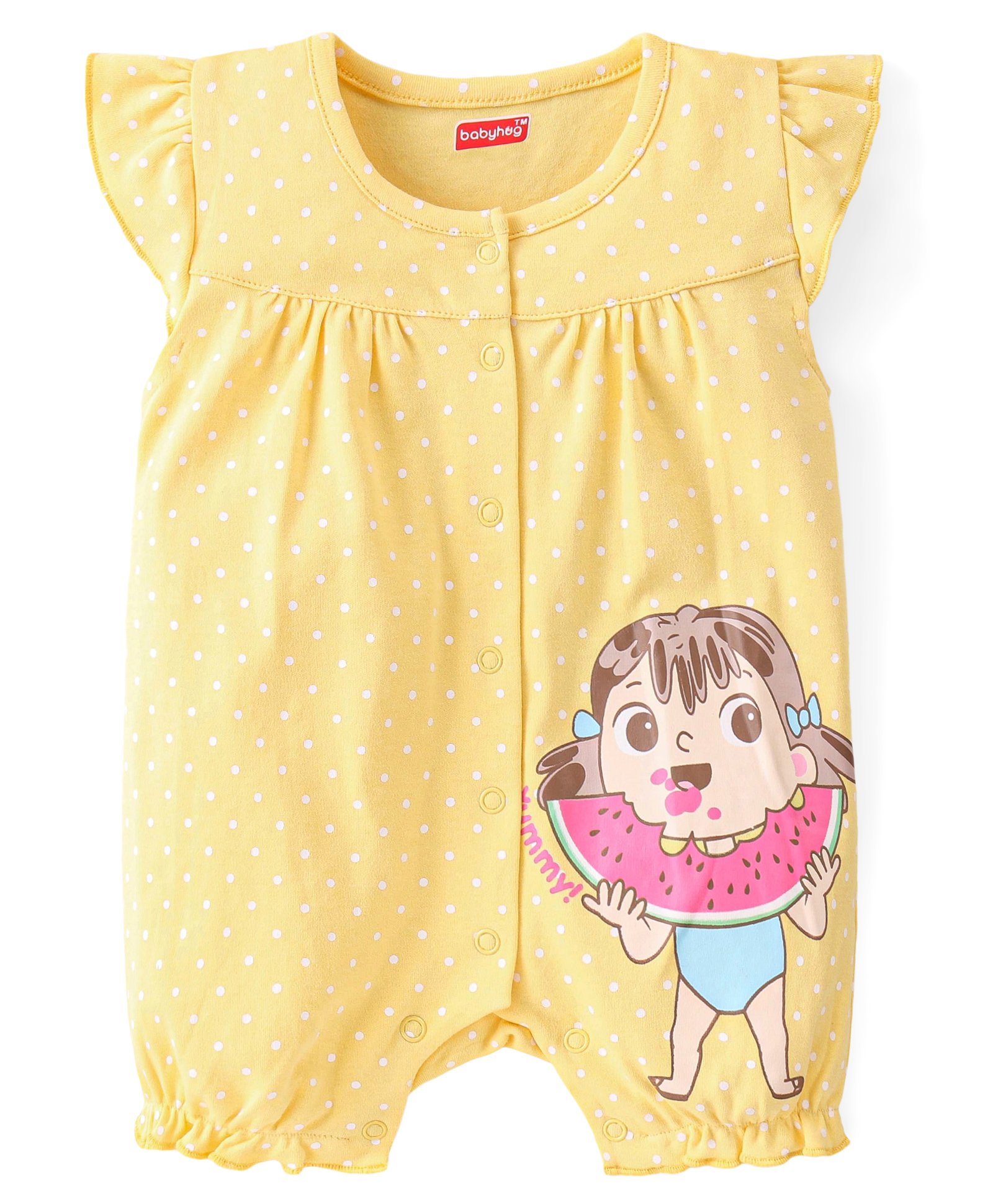 Babyhug 100% Cotton Knit Cap Sleeves Romper Polka Dot Print - Yellow-image-1