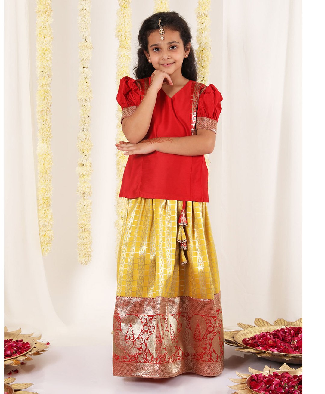 JBN Creation Puffed Half Sleeves Flower Motif Embellished & Graph Checked Coordinating South Indian Style Pavda Pattu Lehenga Set - Red & Mustard Yellow-image-22