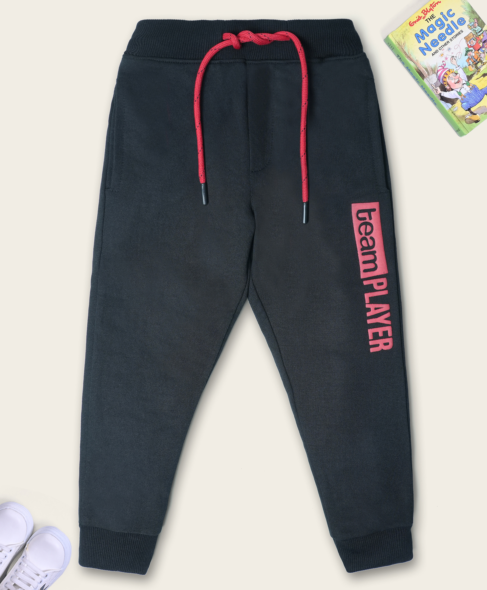 Nino Togs Cotton Loop Knit Team Player Text Embroidered Joggers - Black & Red-picture-16